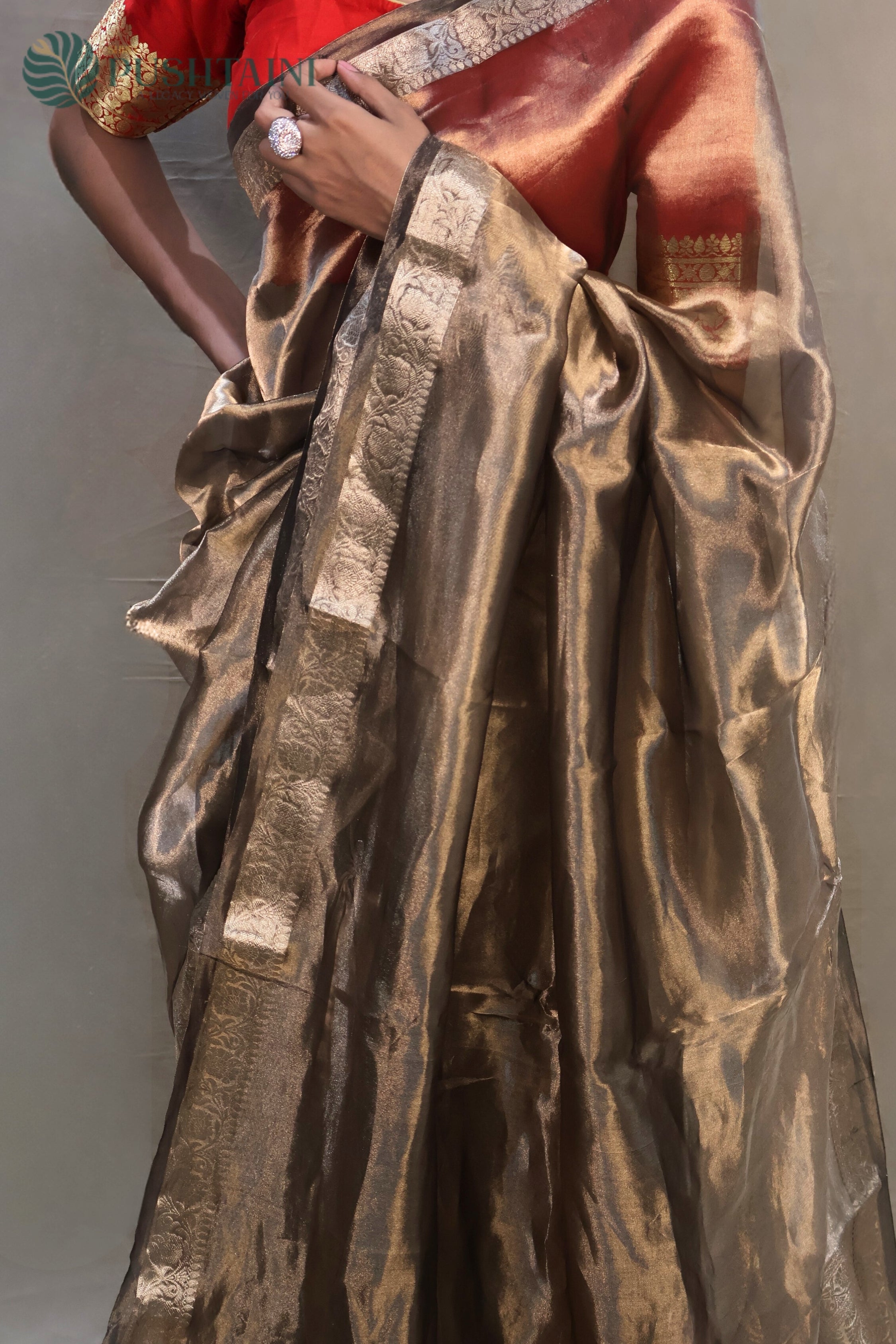 Black Gold Pure Tissue Plain Silk Saree with Zari Work