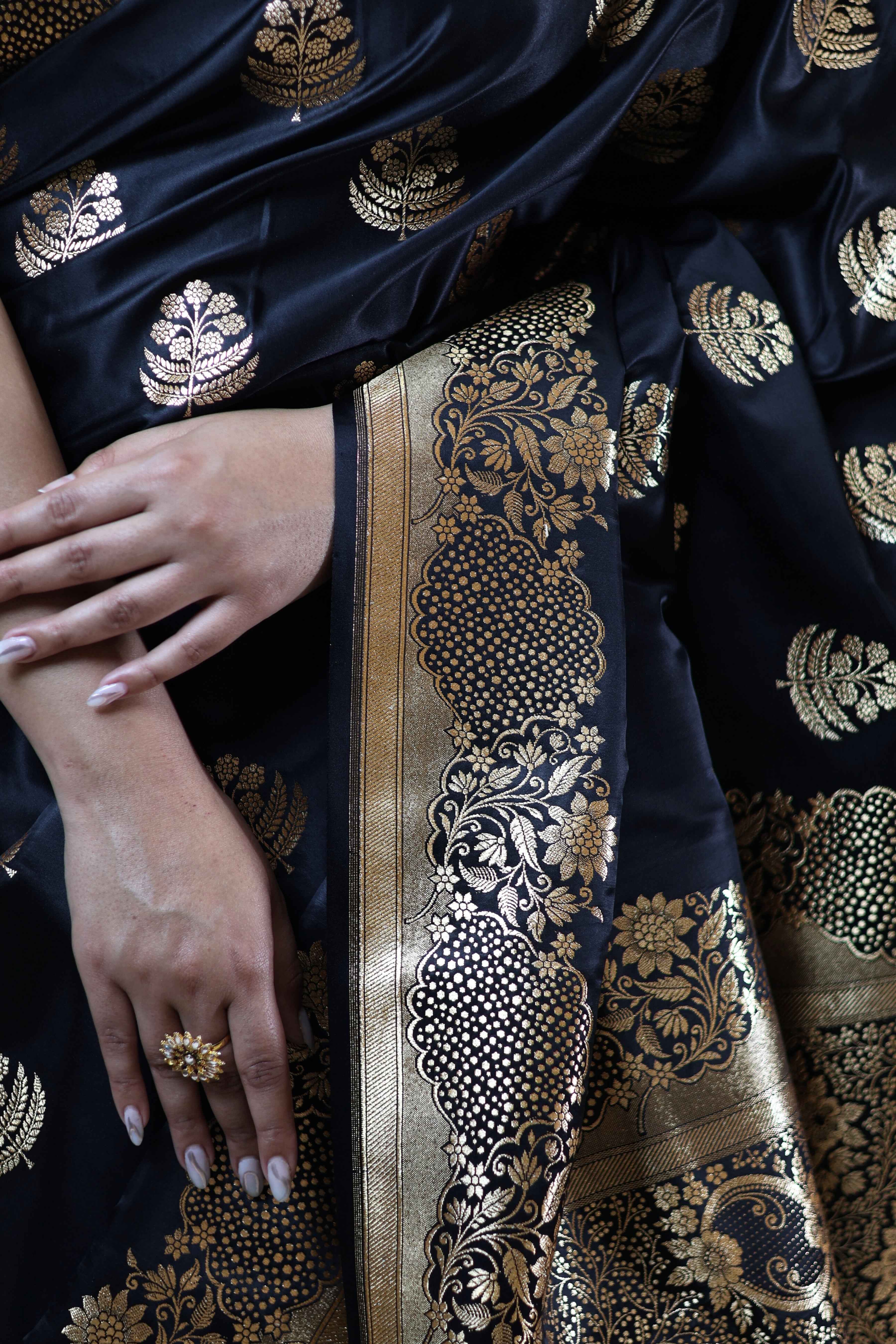 Noir Black Satin Silk Saree