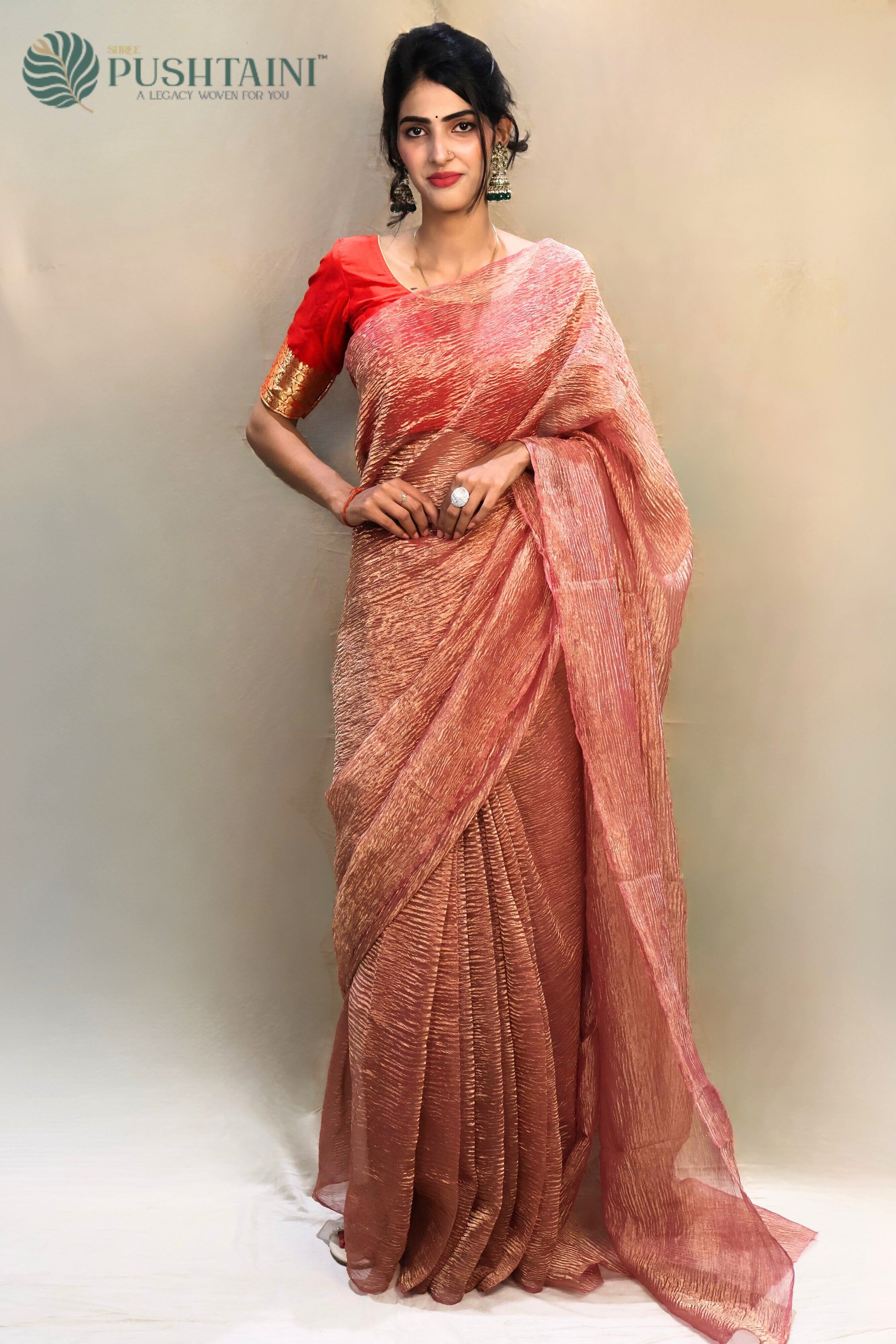 Baby Pink Pure Tissue Silk Plain Crush Saree