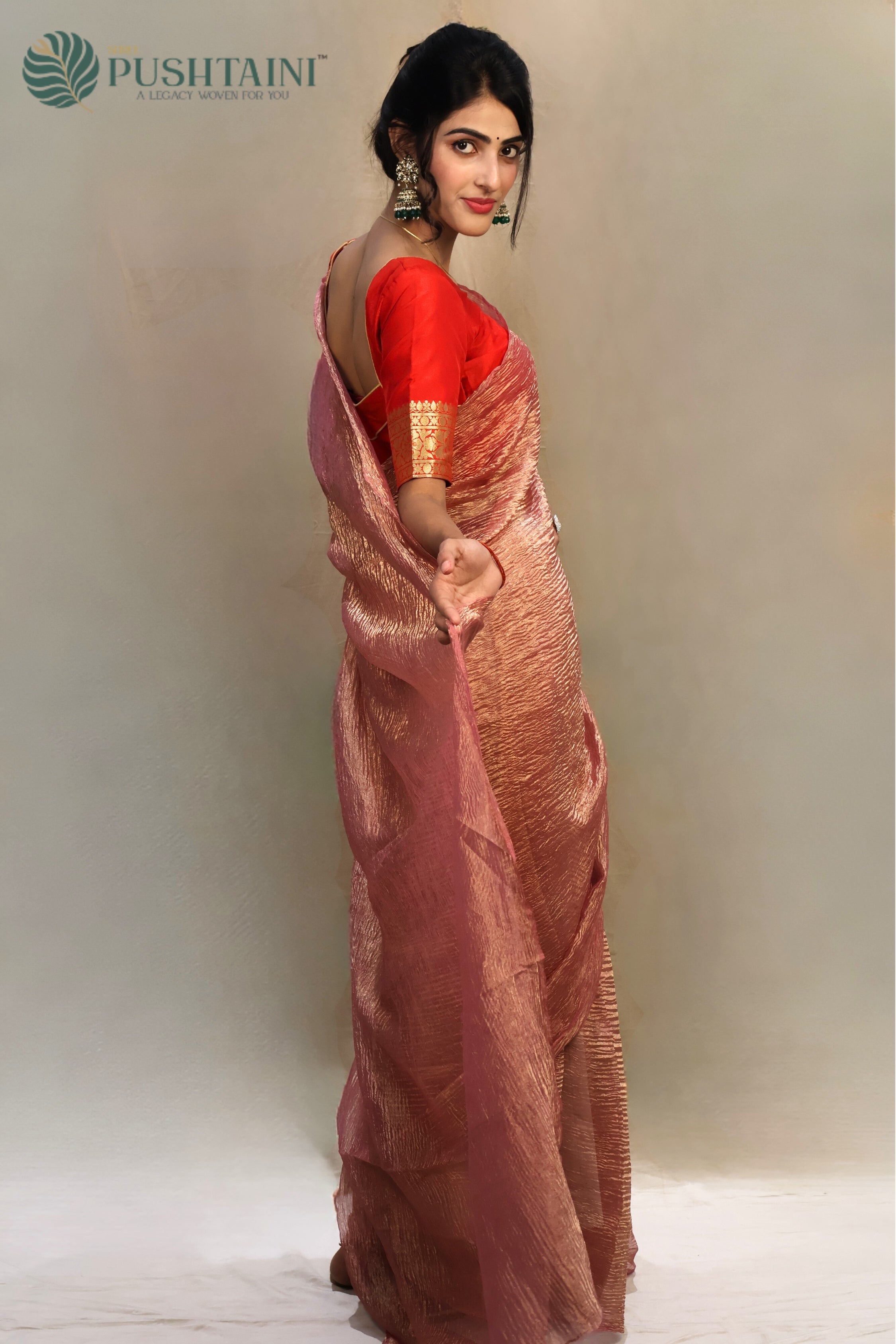 Baby Pink Pure Tissue Silk Plain Crush Saree