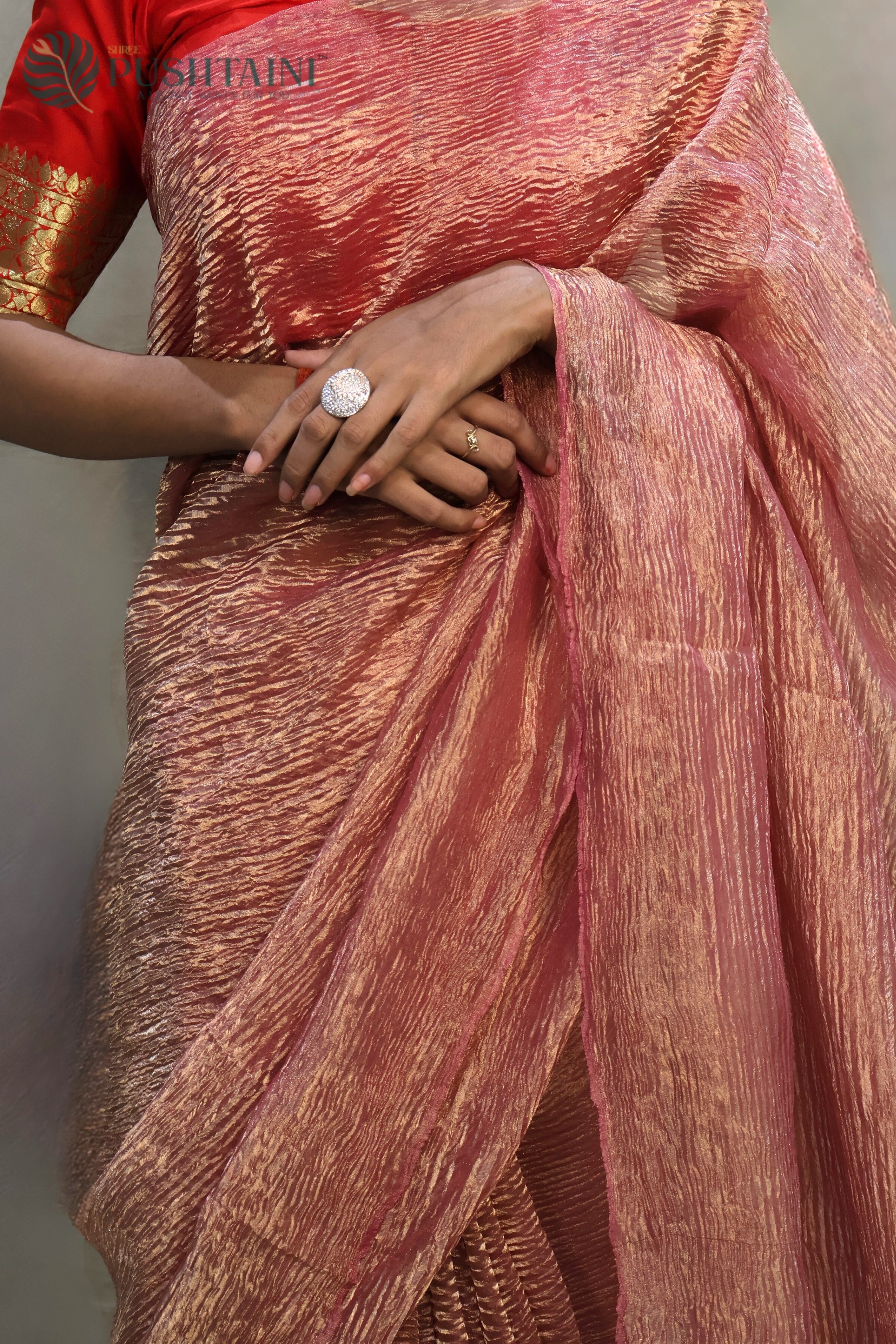 Baby Pink Pure Tissue Silk Plain Crush Saree