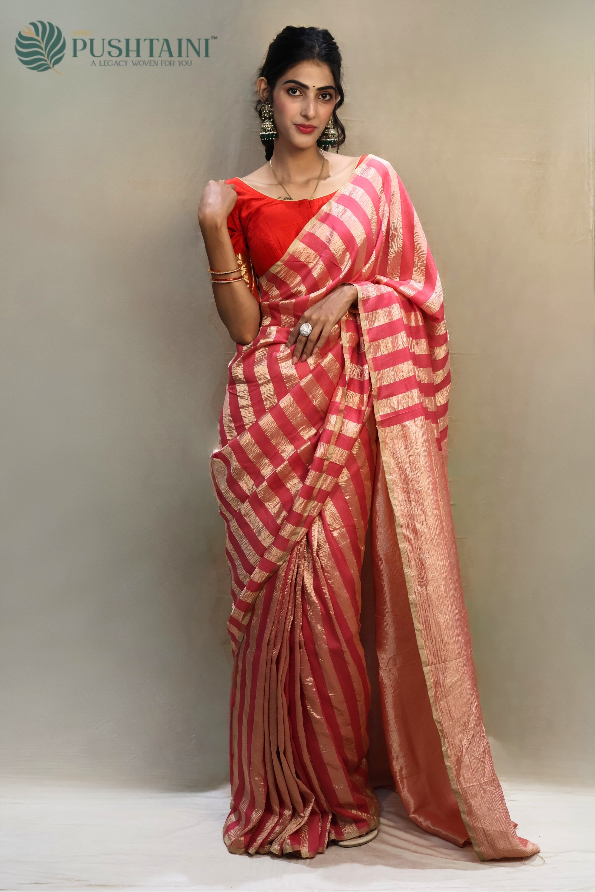 Dark Pink Pure Munga Tissue Silk Saree Water Zari work