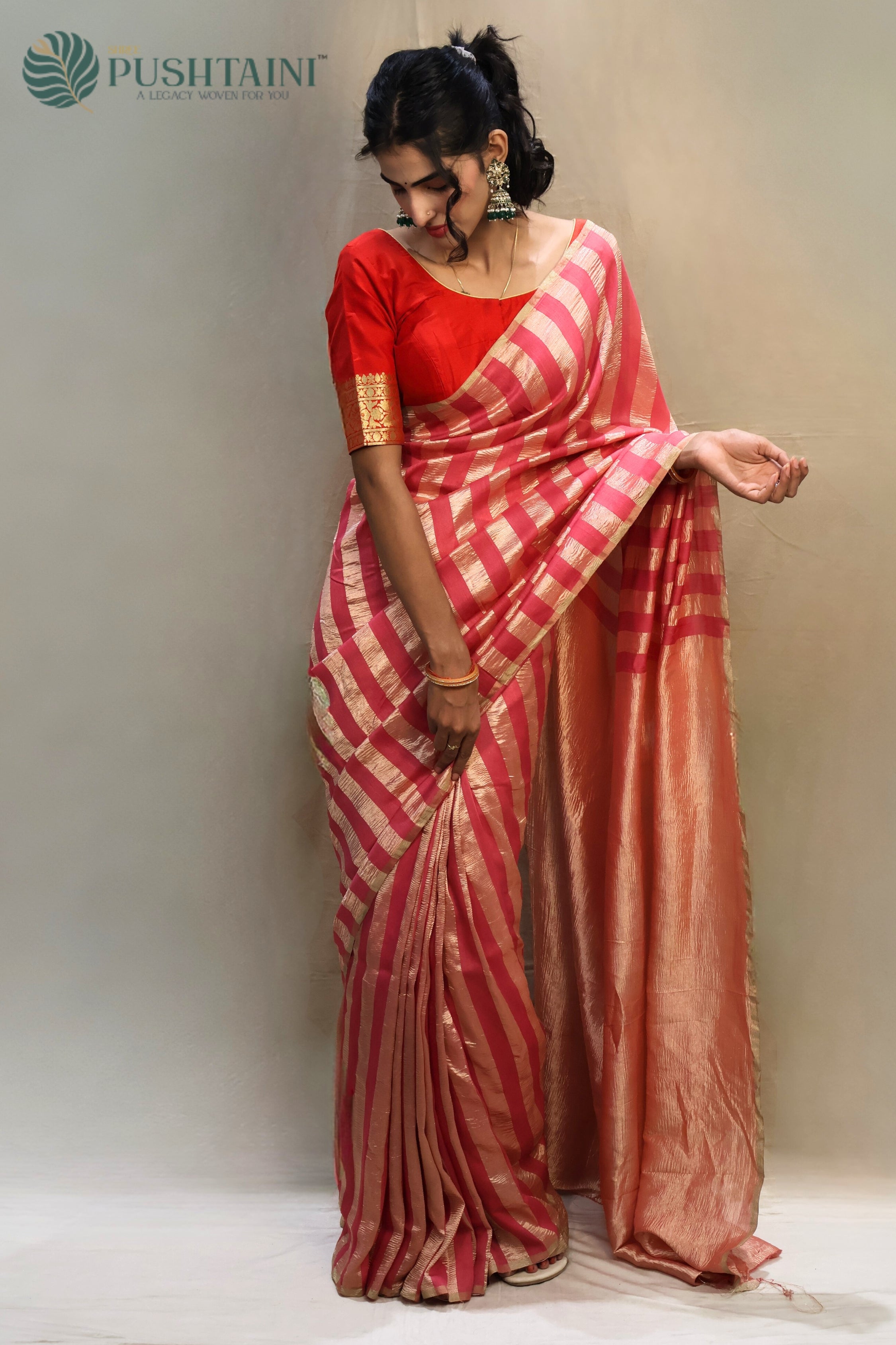 Dark Pink Pure Munga Tissue Silk Saree Water Zari work