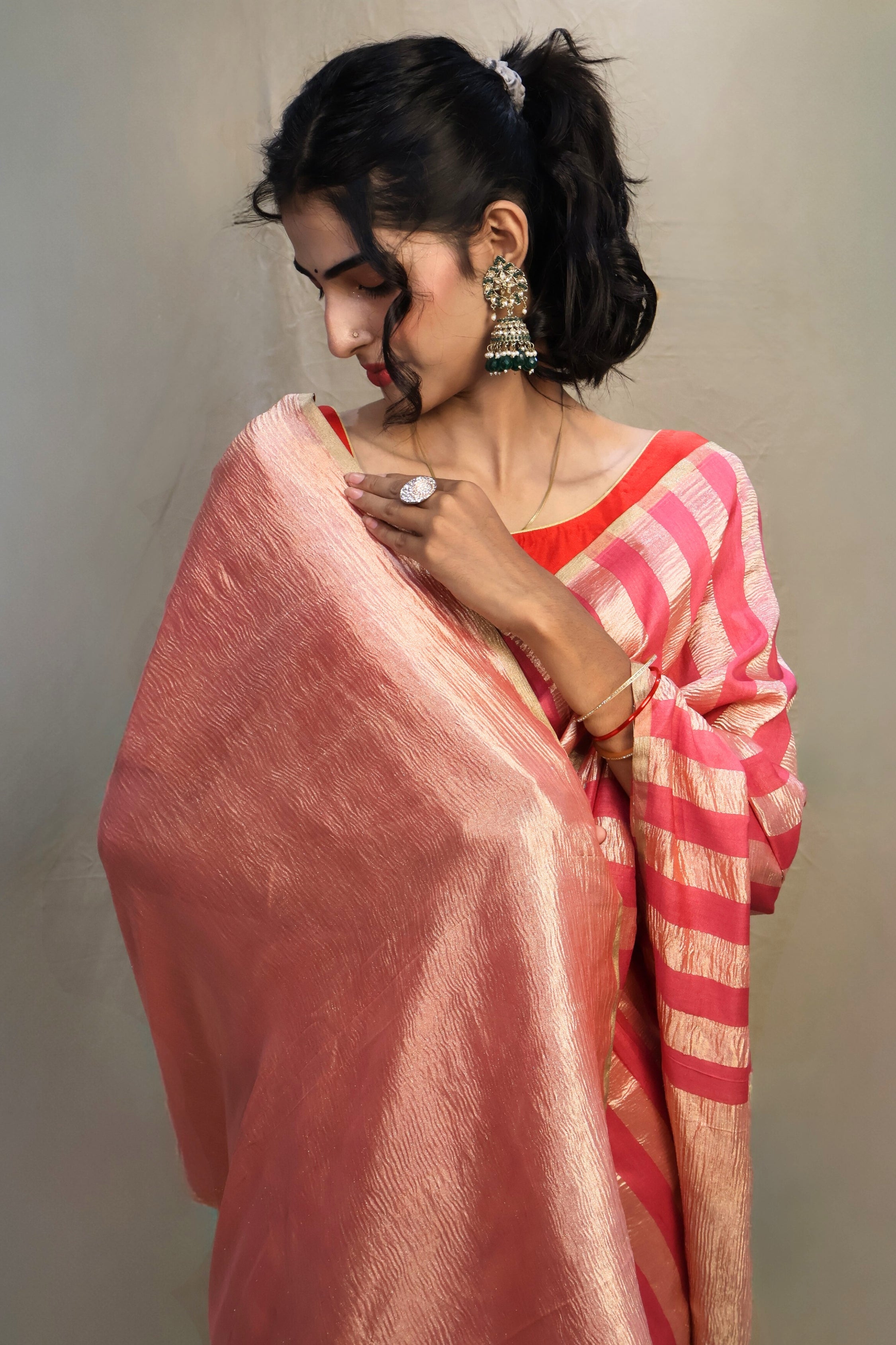Dark Pink Pure Munga Tissue Silk Saree Water Zari work