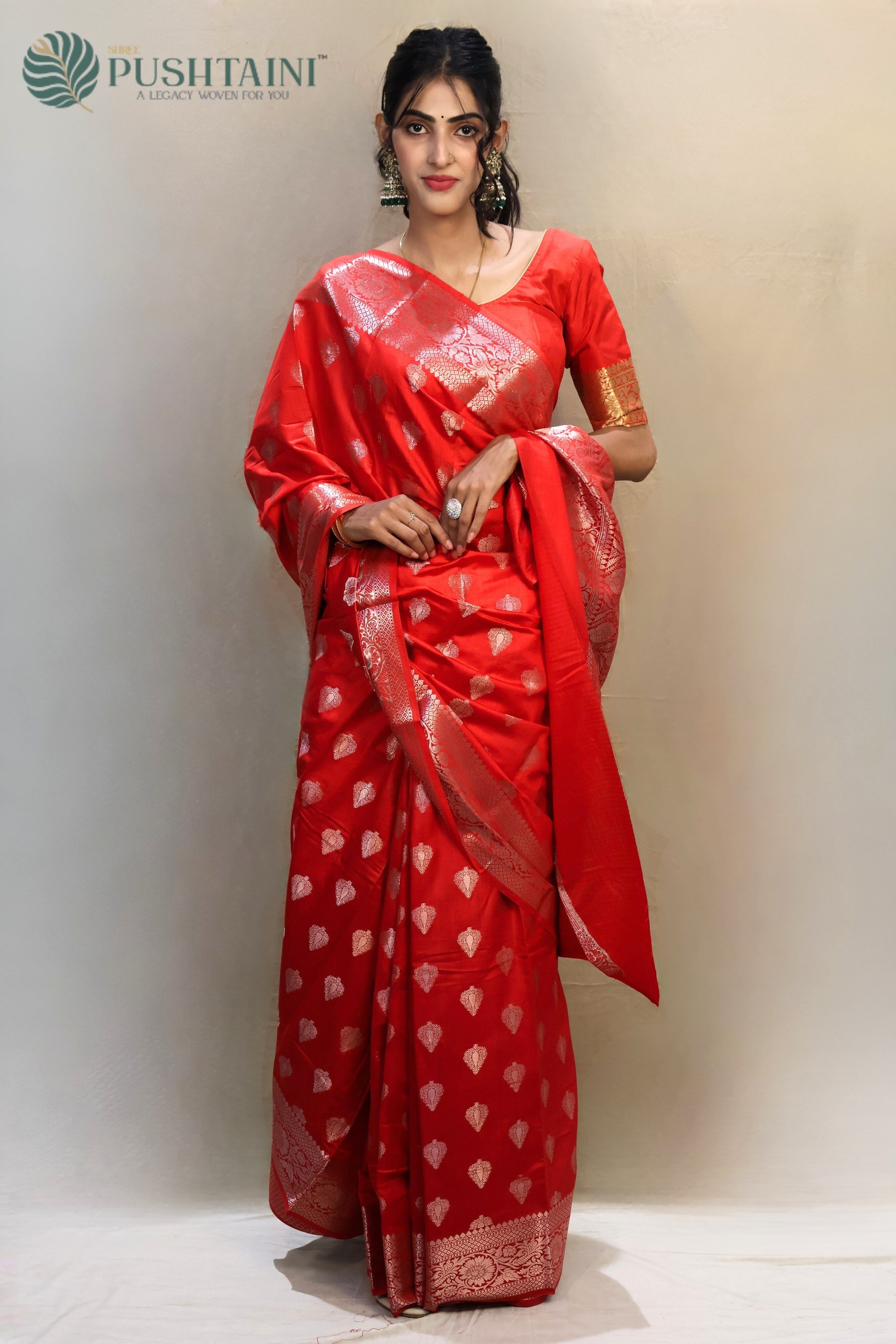 Bridal Red Pure Chinya Katan Silk Saree with Zari Buti work