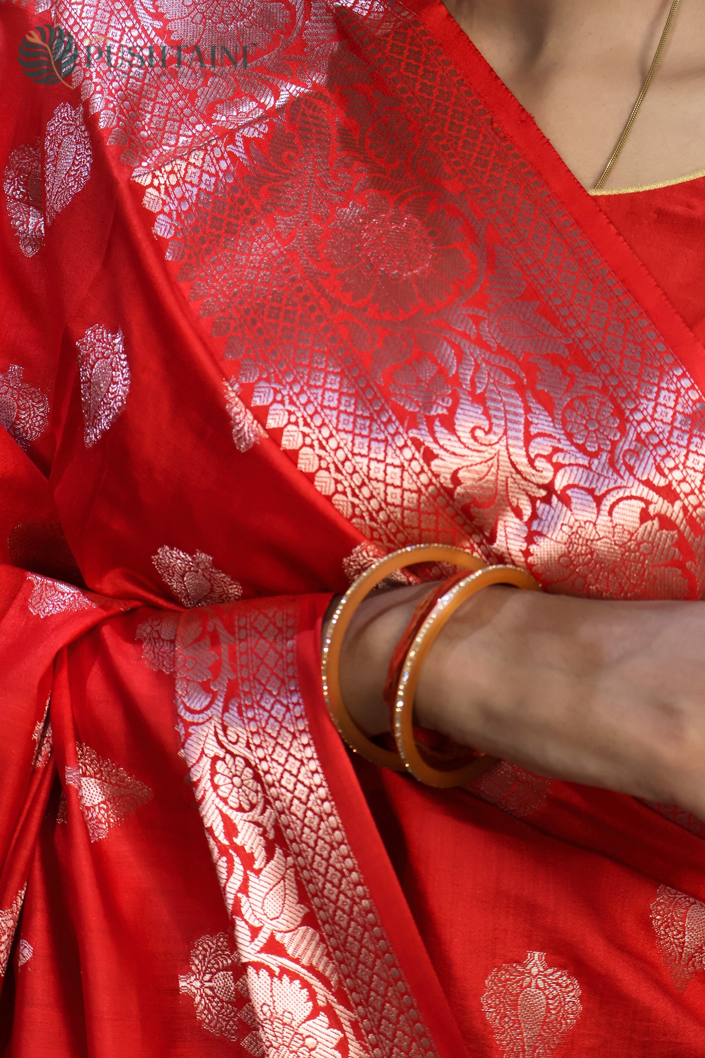 Bridal Red Pure Chinya Katan Silk Saree with Zari Buti work