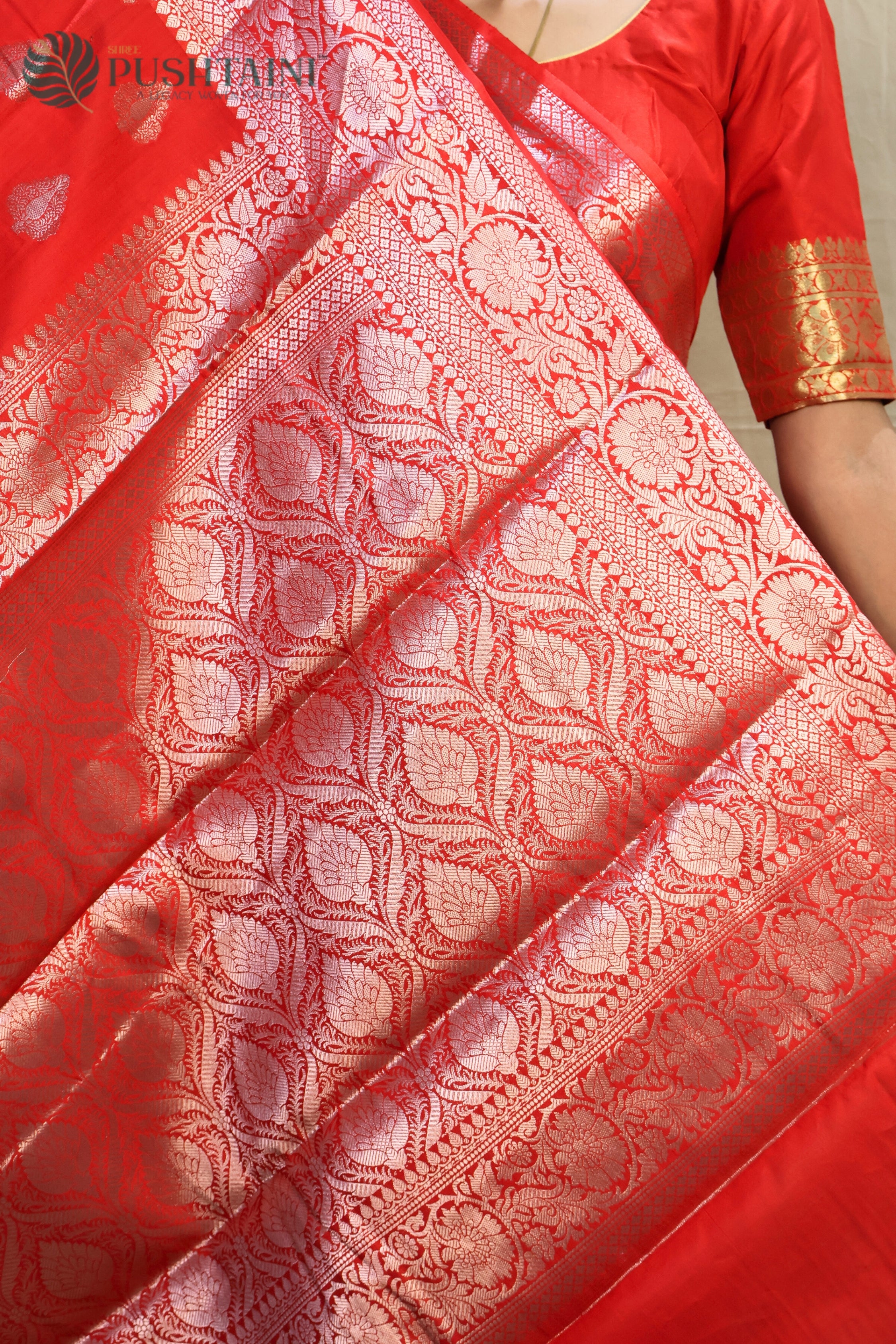 Bridal Red Pure Chinya Katan Silk Saree with Zari Buti work