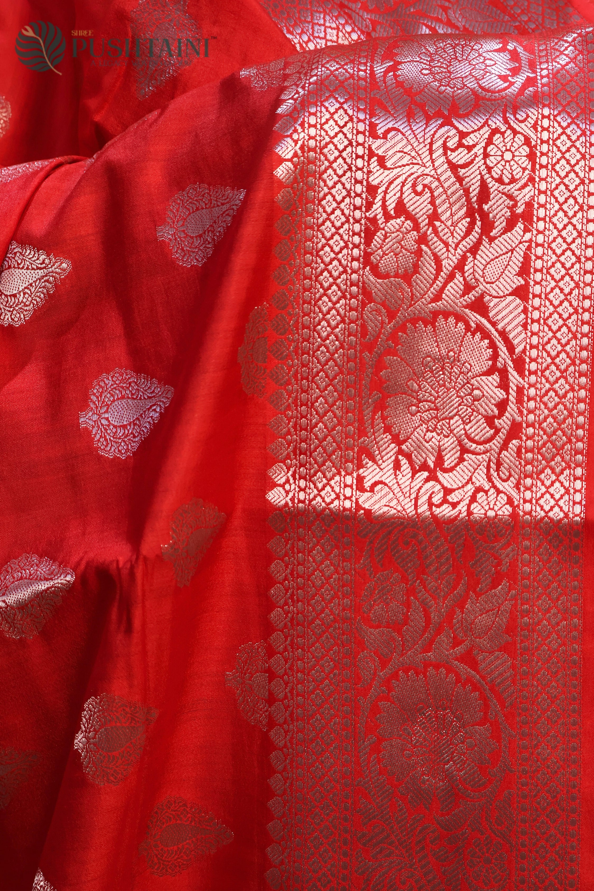 Bridal Red Pure Chinya Katan Silk Saree with Zari Buti work