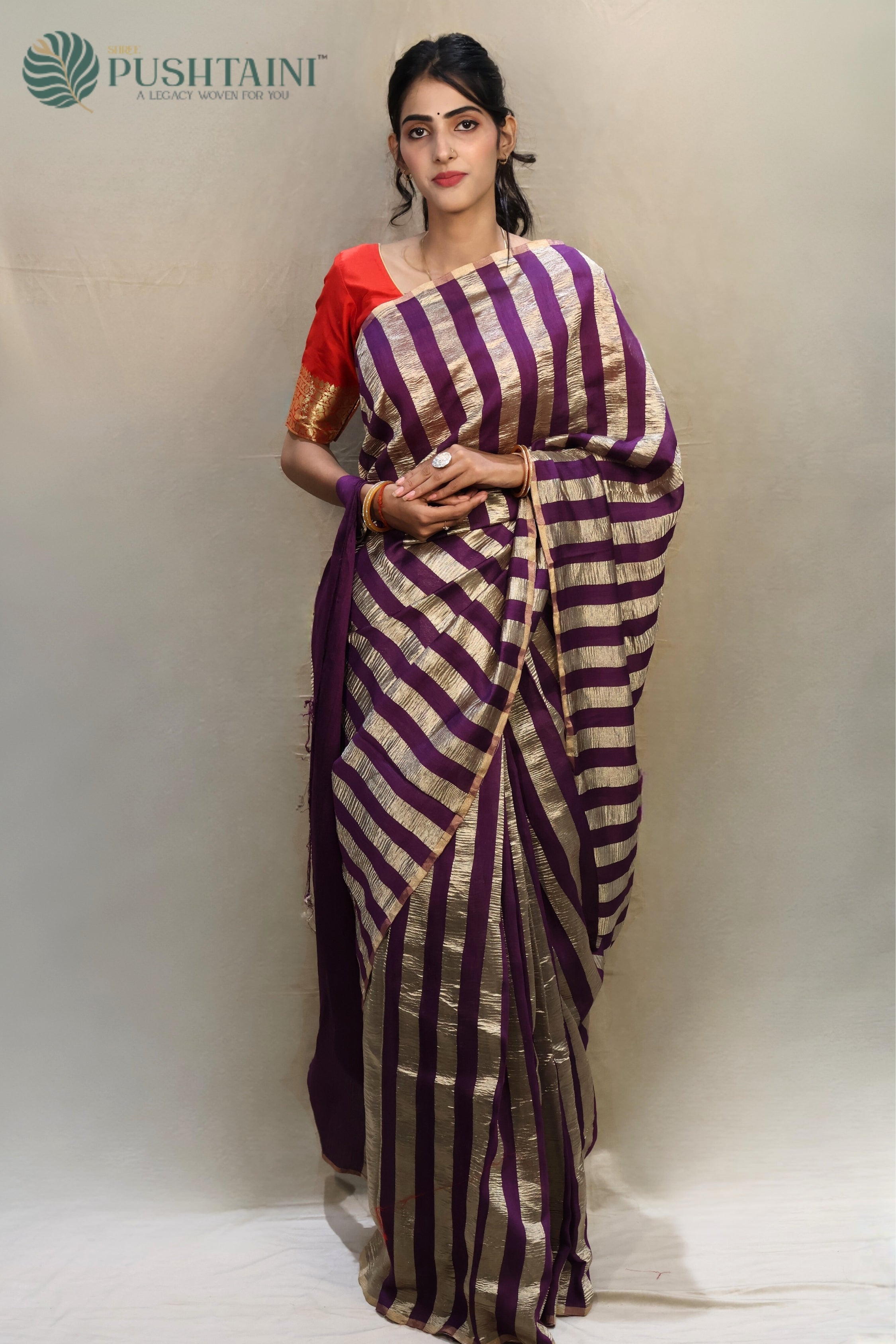 Dark Purple Pure Munga Tissue Silk Saree Water Zari