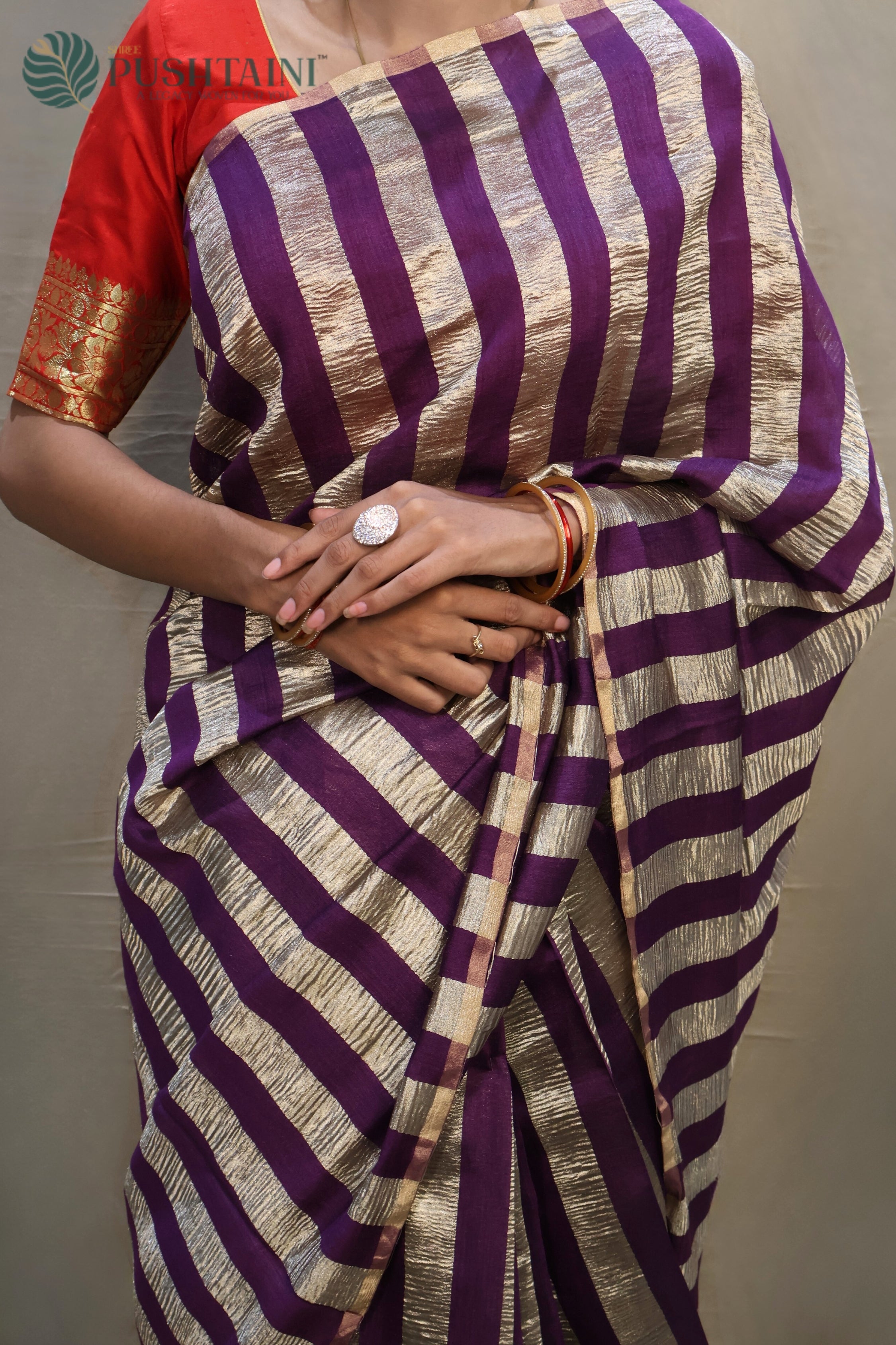 Dark Purple Pure Munga Tissue Silk Saree Water Zari
