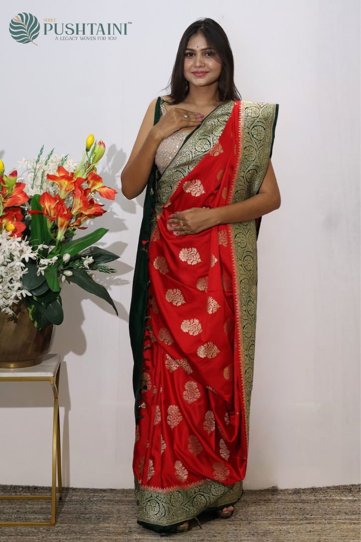 Royal Red Banarasi Mashru Saree with Contrast Border and Pallu