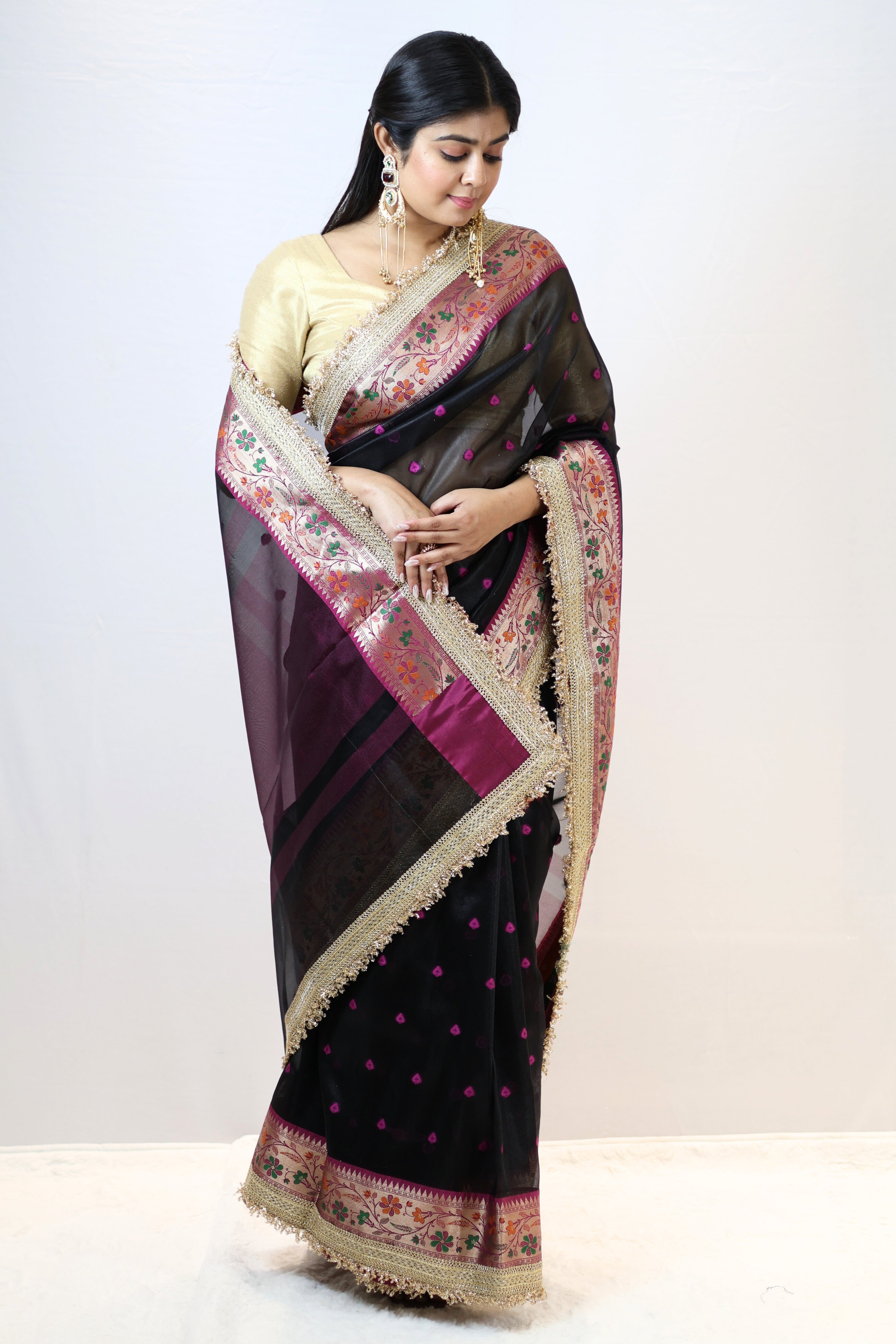Elegant Soft Tissue Silk Saree with Alfi Designer Work & Double Lace Border