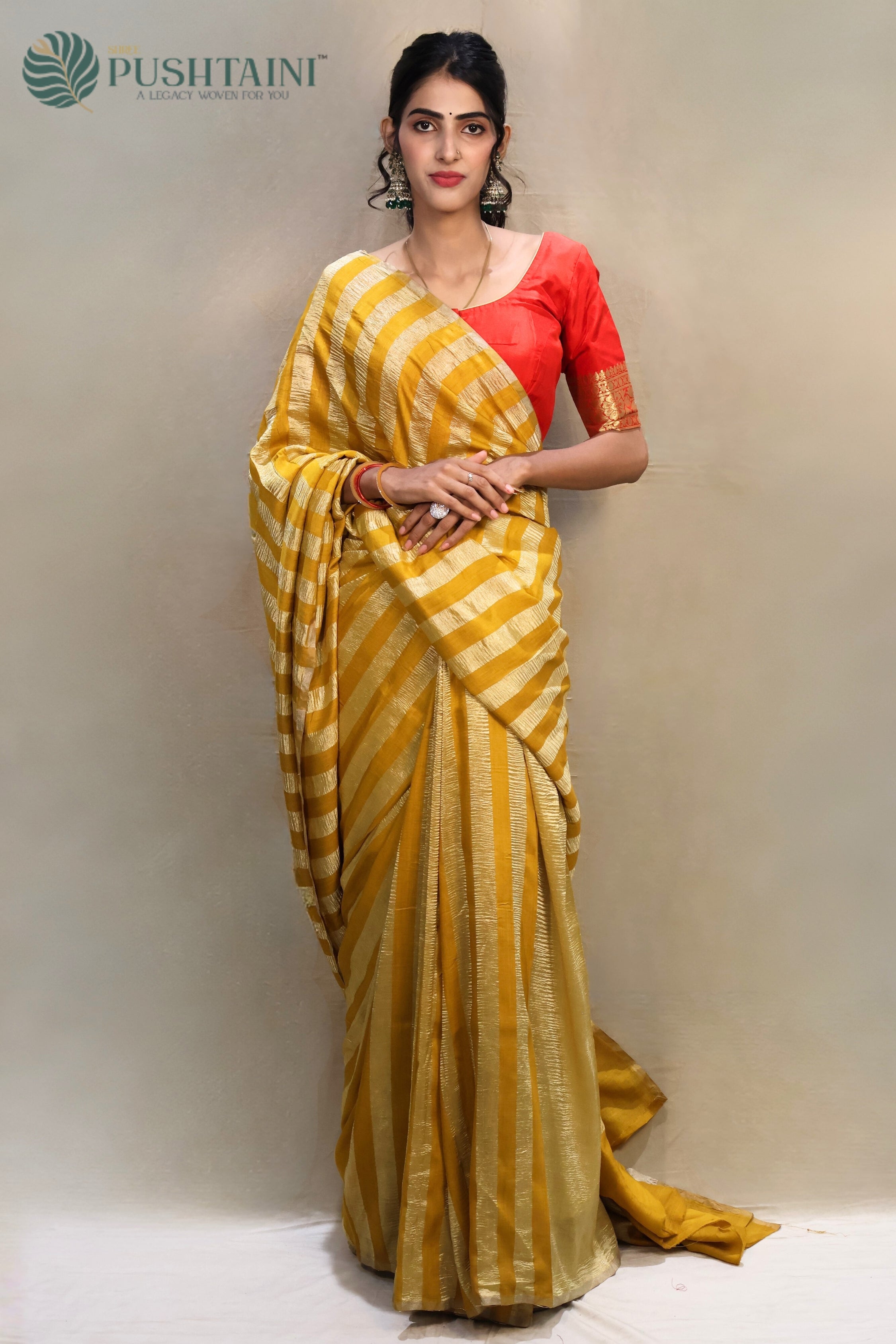 Gold Yellow Pure Munga Tissue Silk Saree with Water Zari