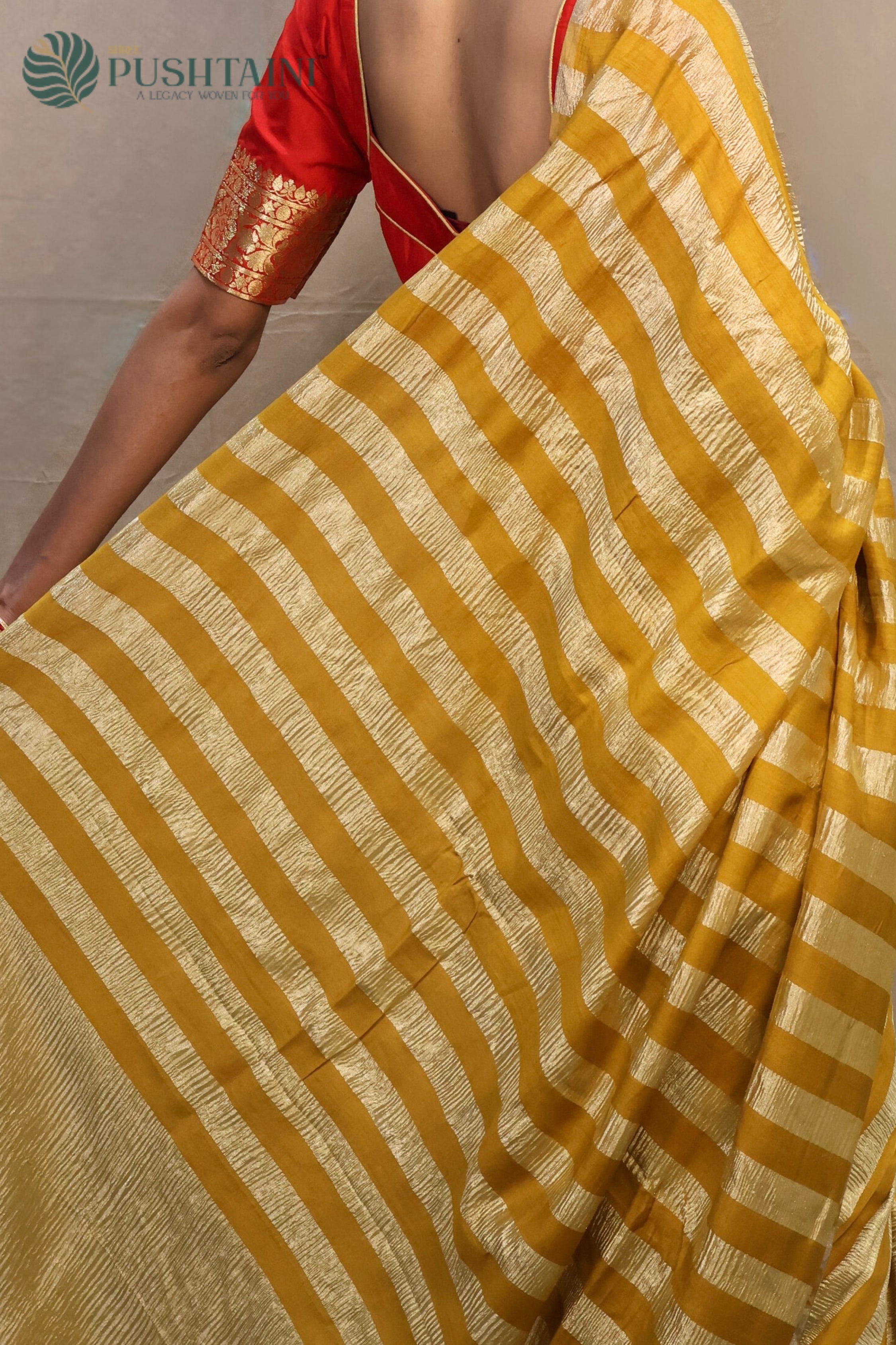 Gold Yellow Pure Munga Tissue Silk Saree with Water Zari