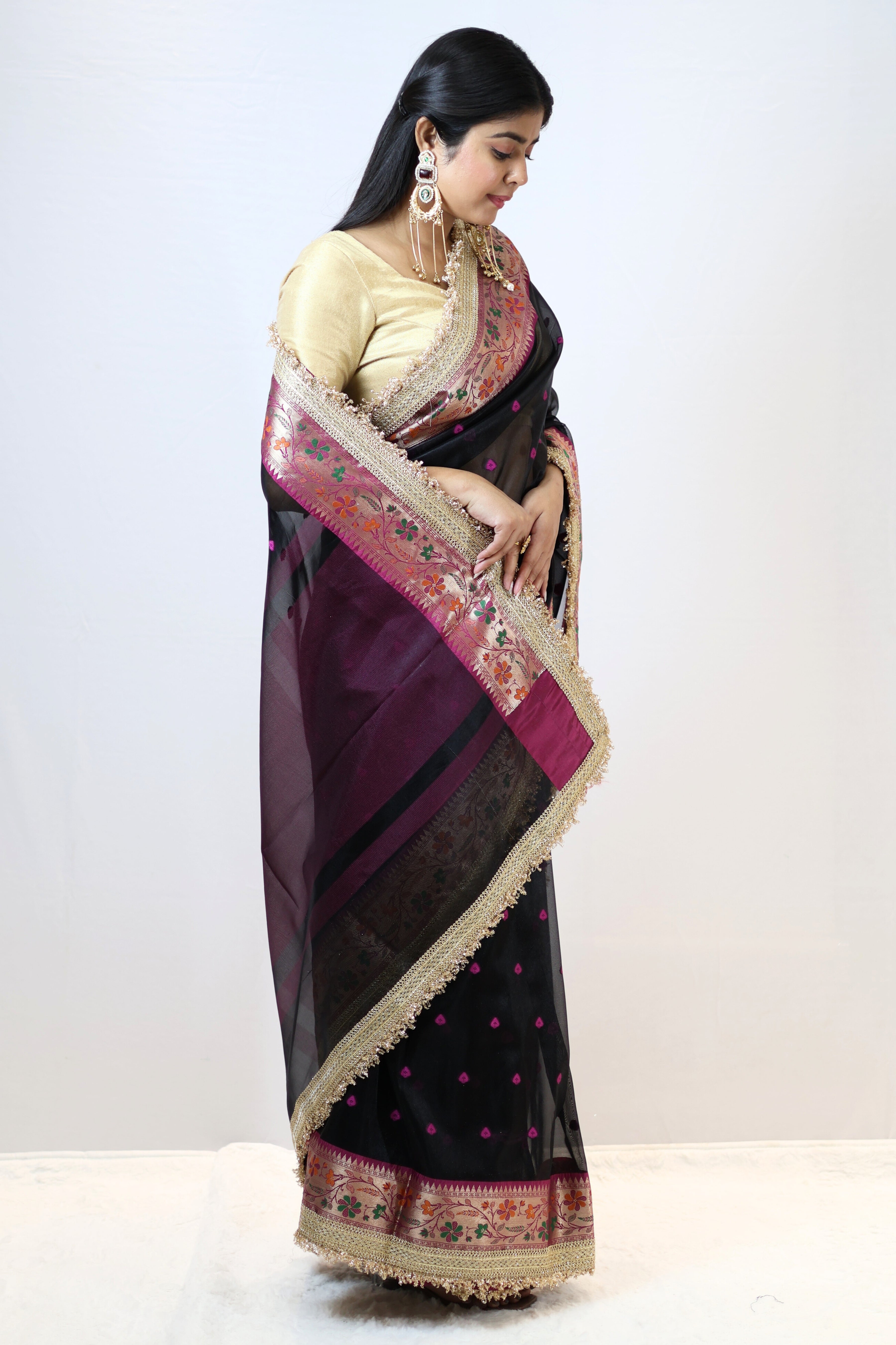 Elegant Soft Tissue Silk Saree with Alfi Designer Work & Double Lace Border