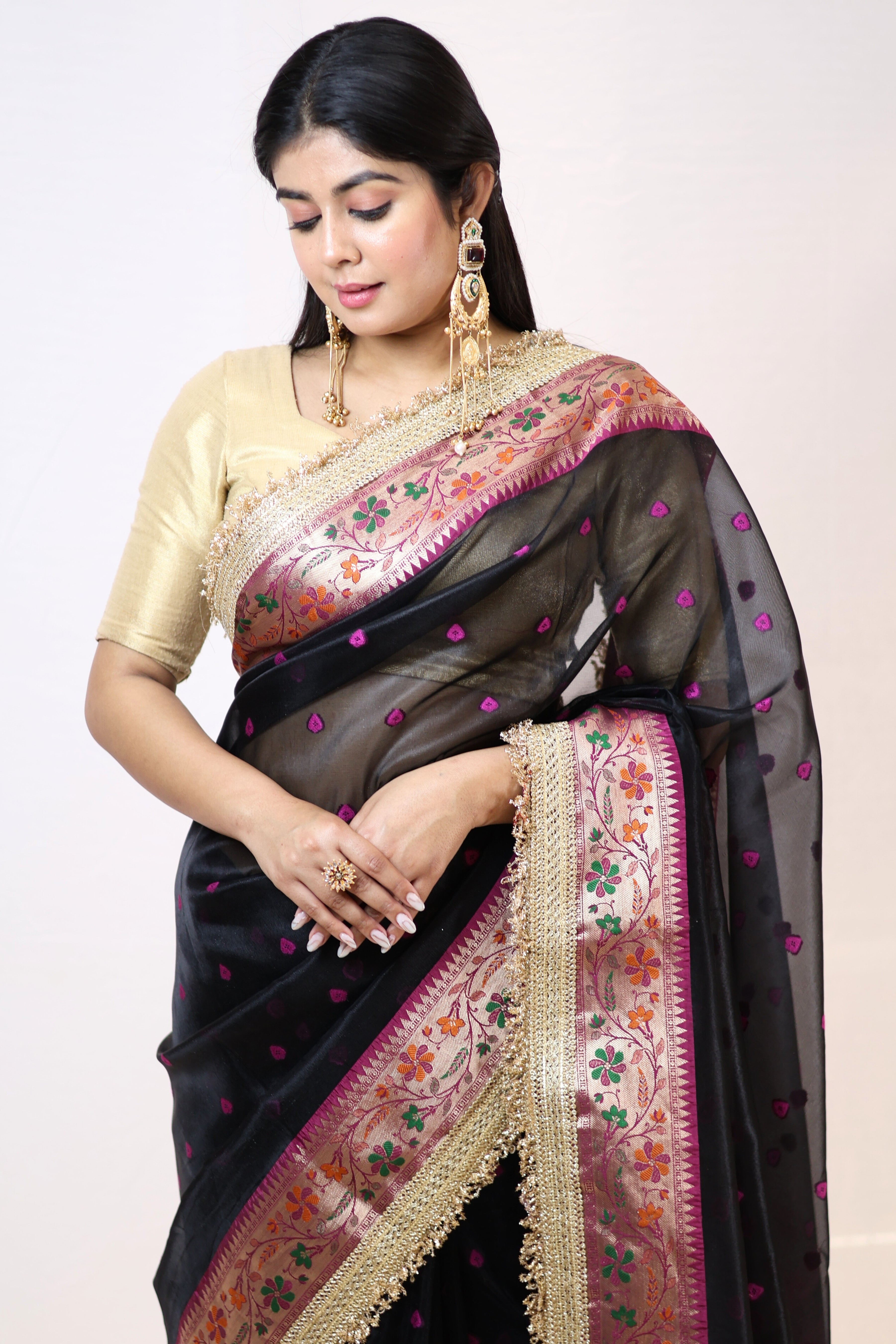 Elegant Soft Tissue Silk Saree with Alfi Designer Work & Double Lace Border
