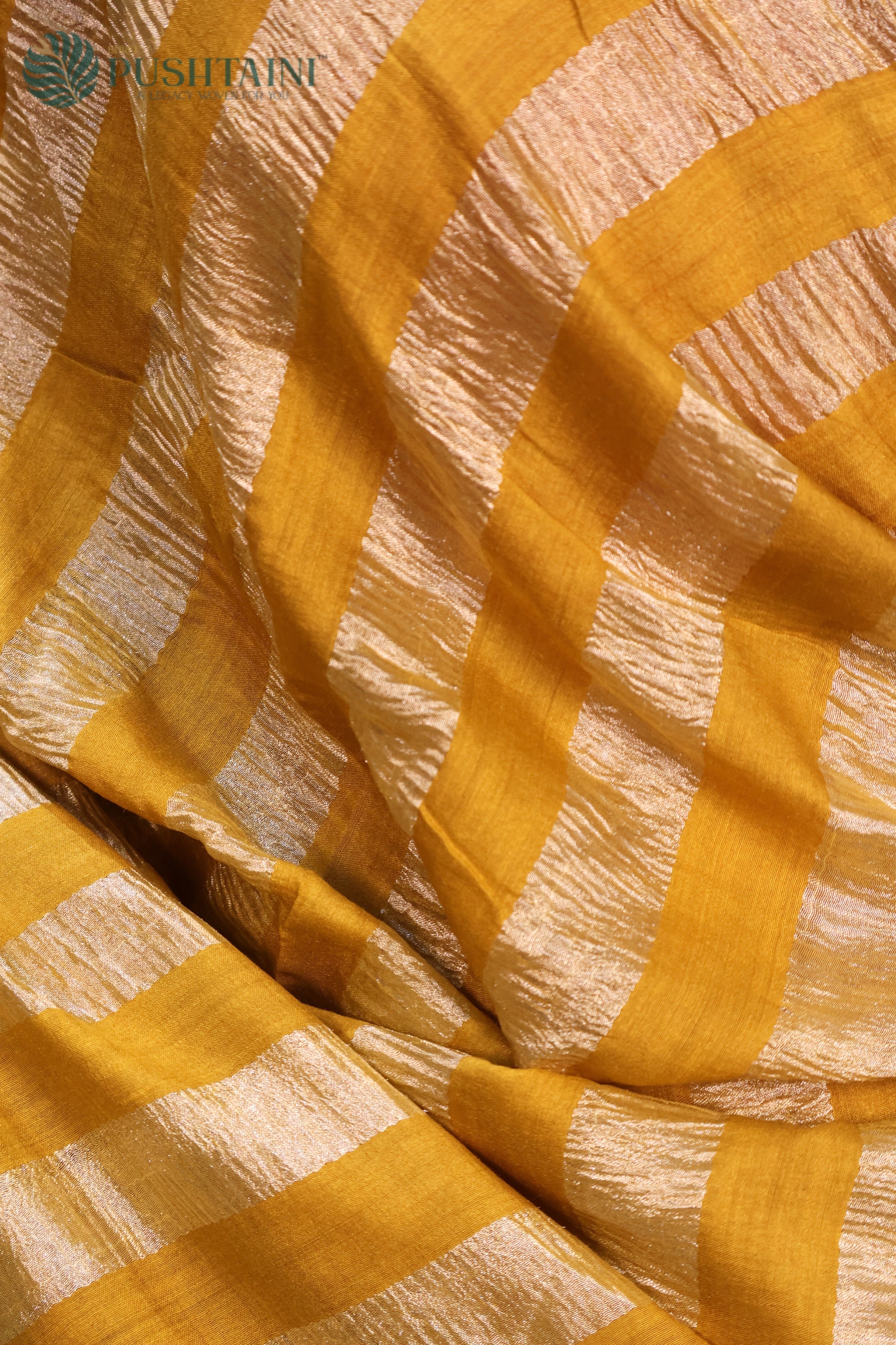 Gold Yellow Pure Munga Tissue Silk Saree with Water Zari