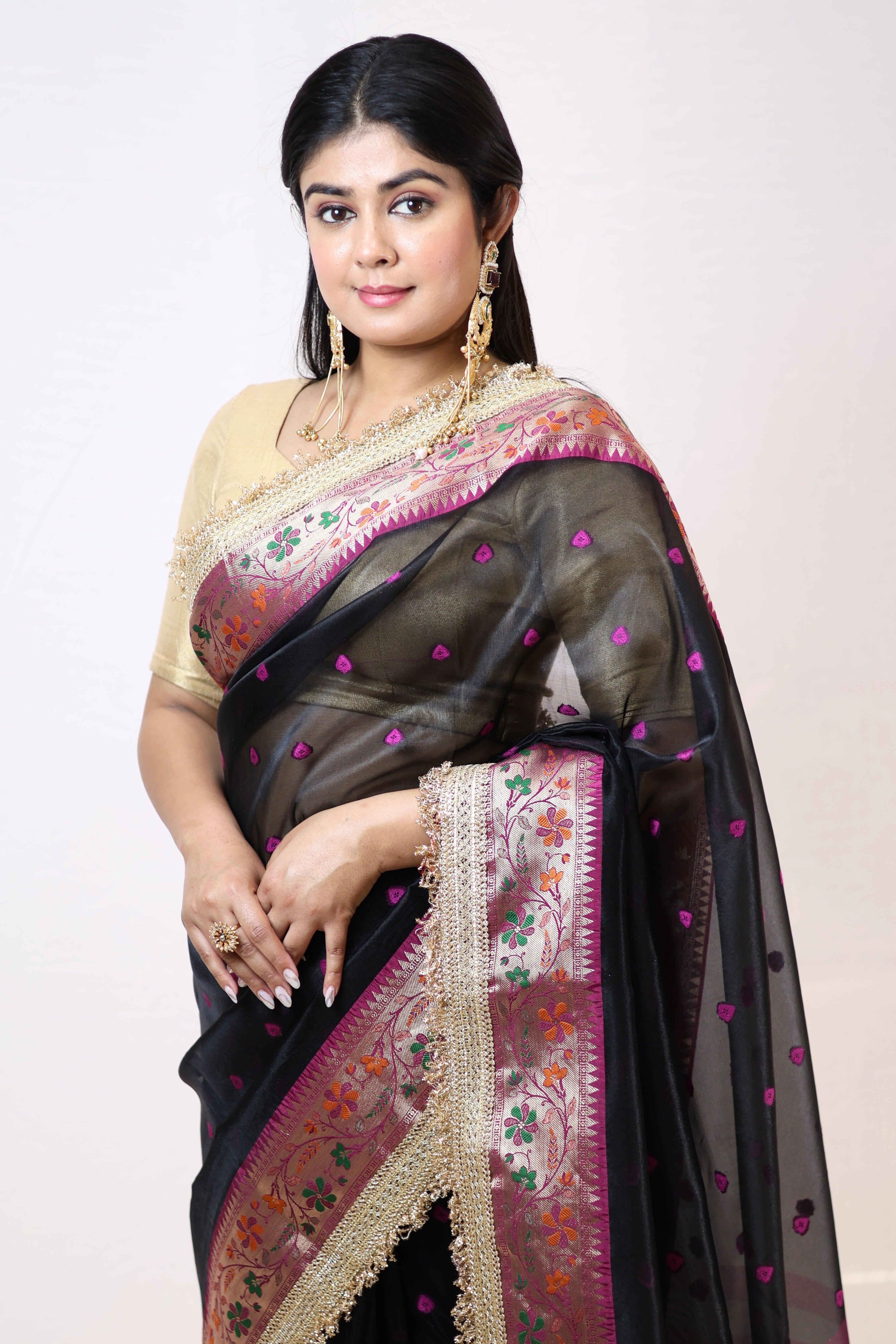 Elegant Soft Tissue Silk Saree with Alfi Designer Work & Double Lace Border