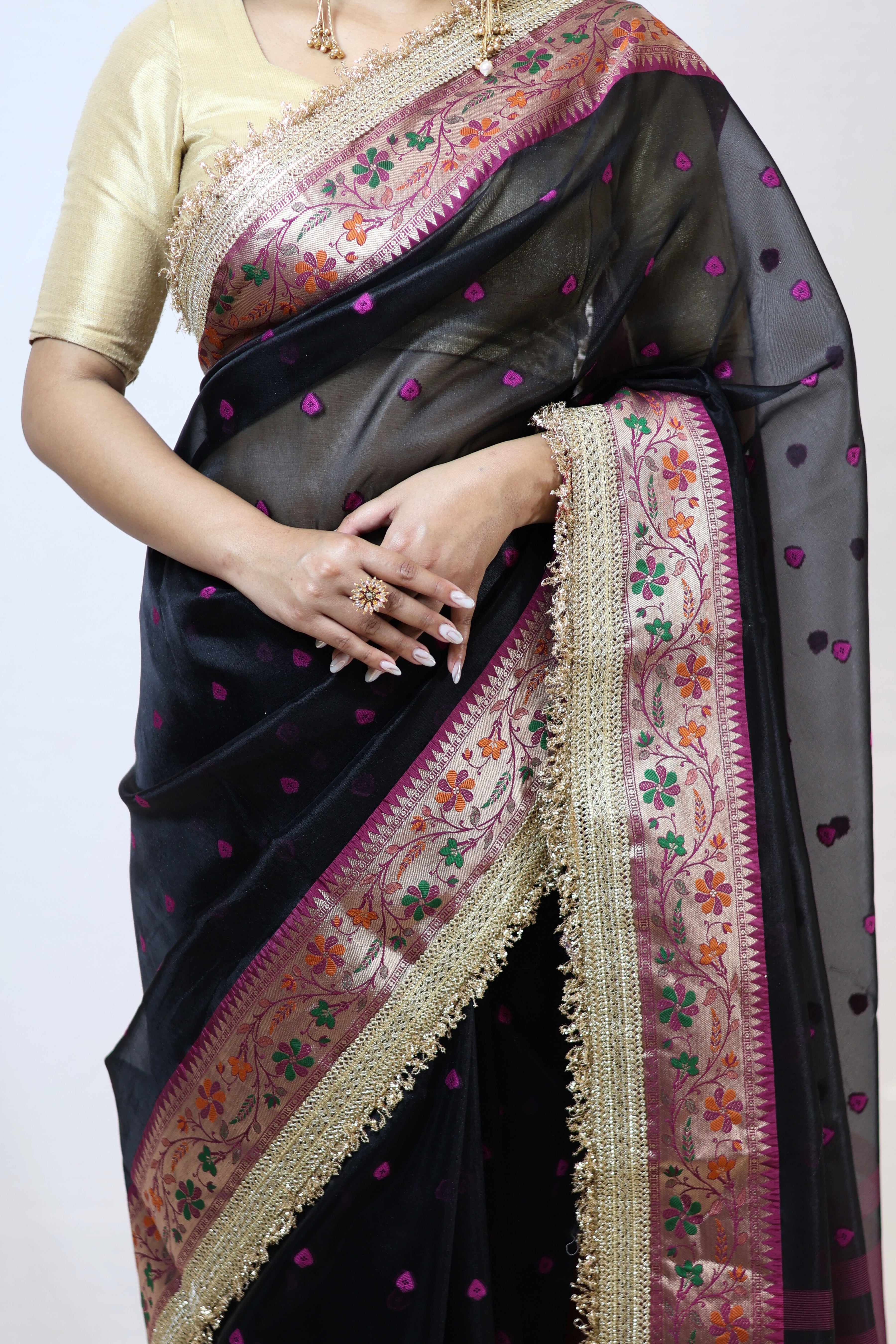 Elegant Soft Tissue Silk Saree with Alfi Designer Work & Double Lace Border