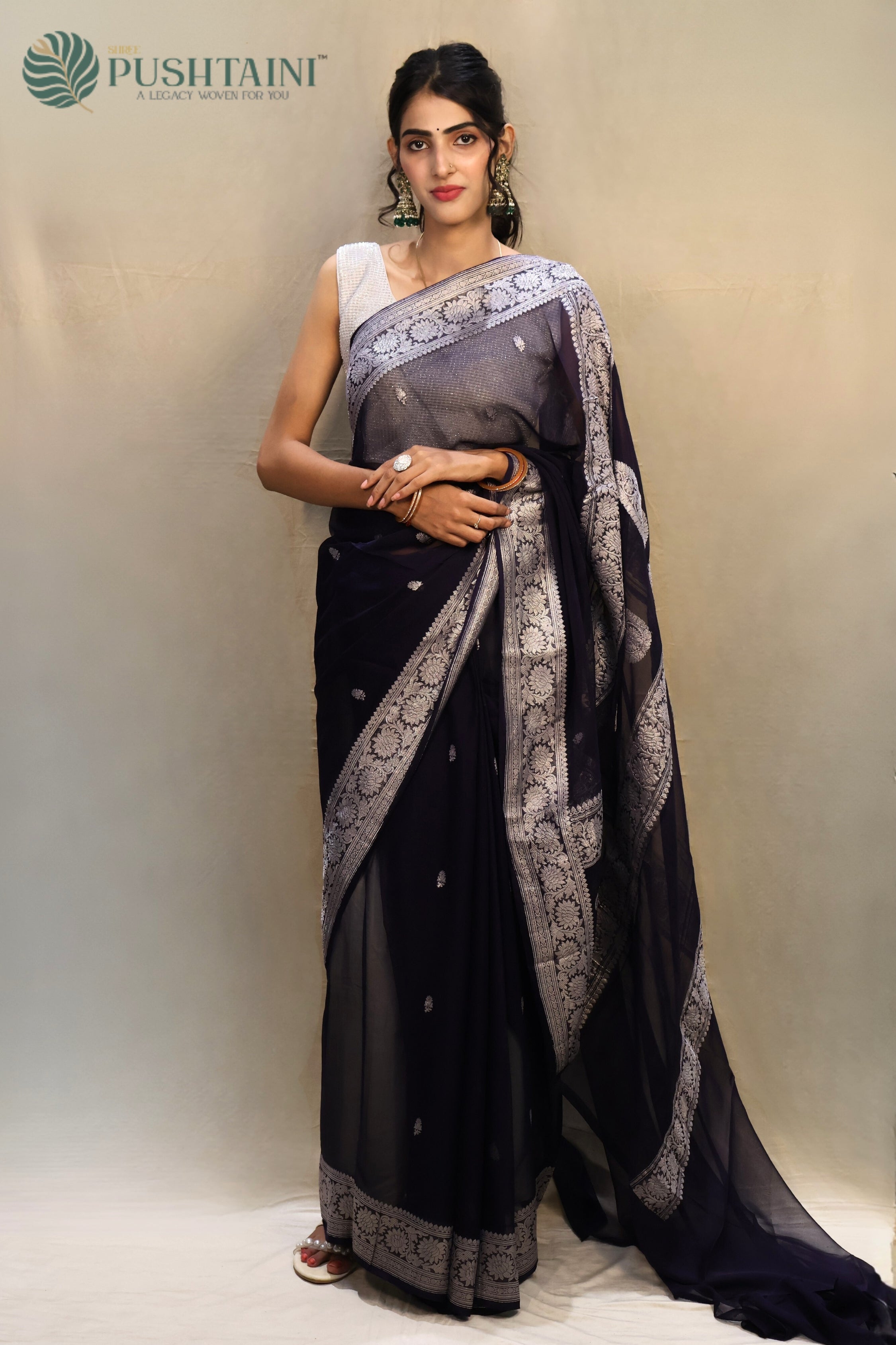 Dark Navy Blue Pure Khaddi Georgette Kaduwa Buti Saree