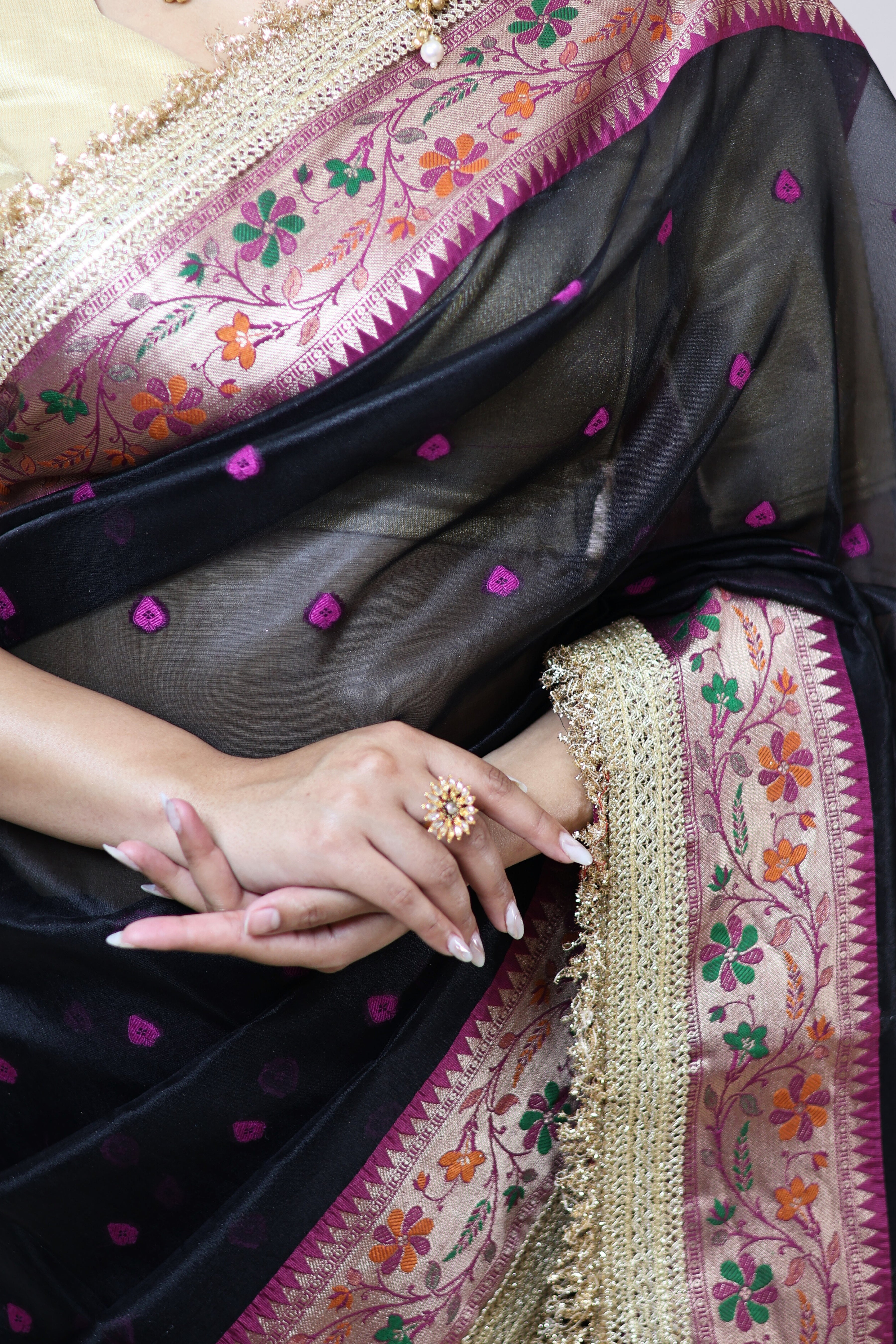 Elegant Soft Tissue Silk Saree with Alfi Designer Work & Double Lace Border