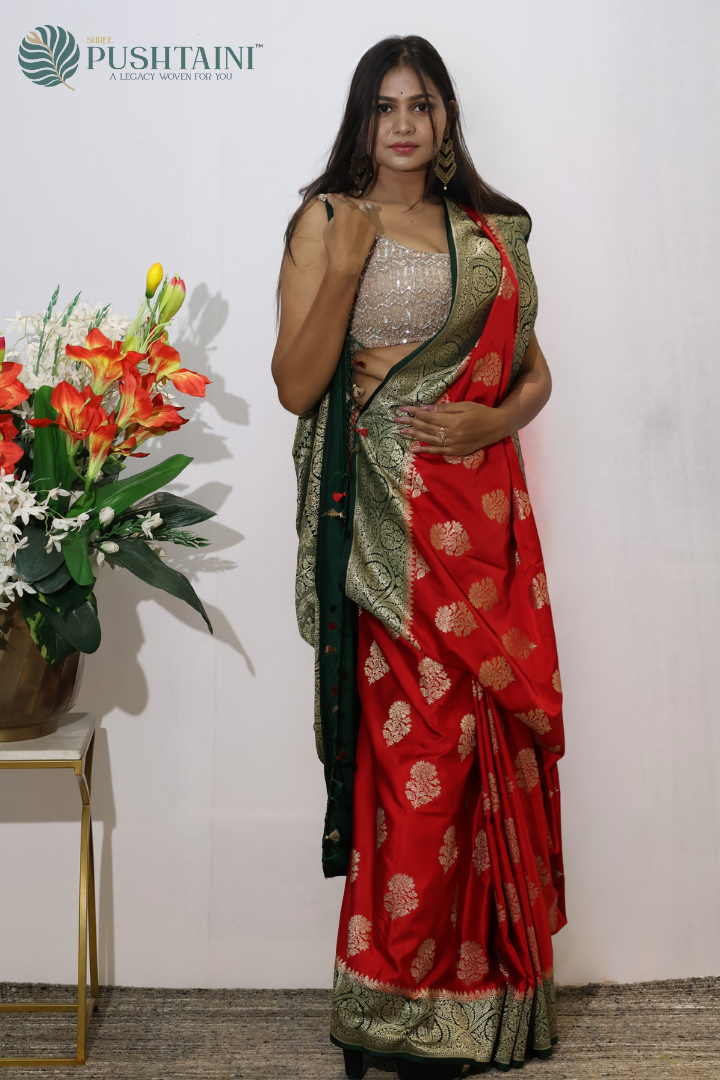 Royal Red Banarasi Mashru Saree with Contrast Border and Pallu
