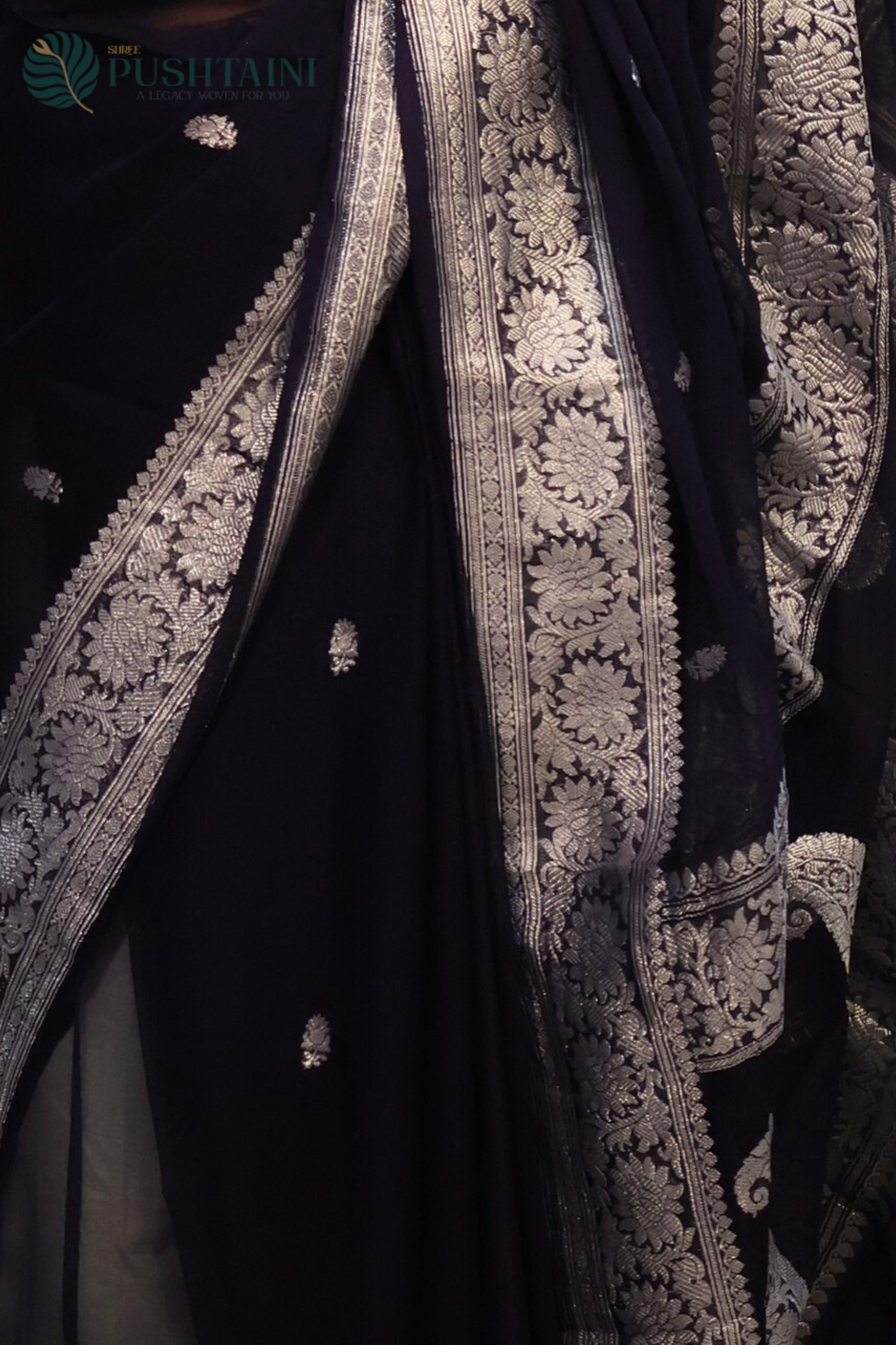 Dark Navy Blue Pure Khaddi Georgette Kaduwa Buti Saree