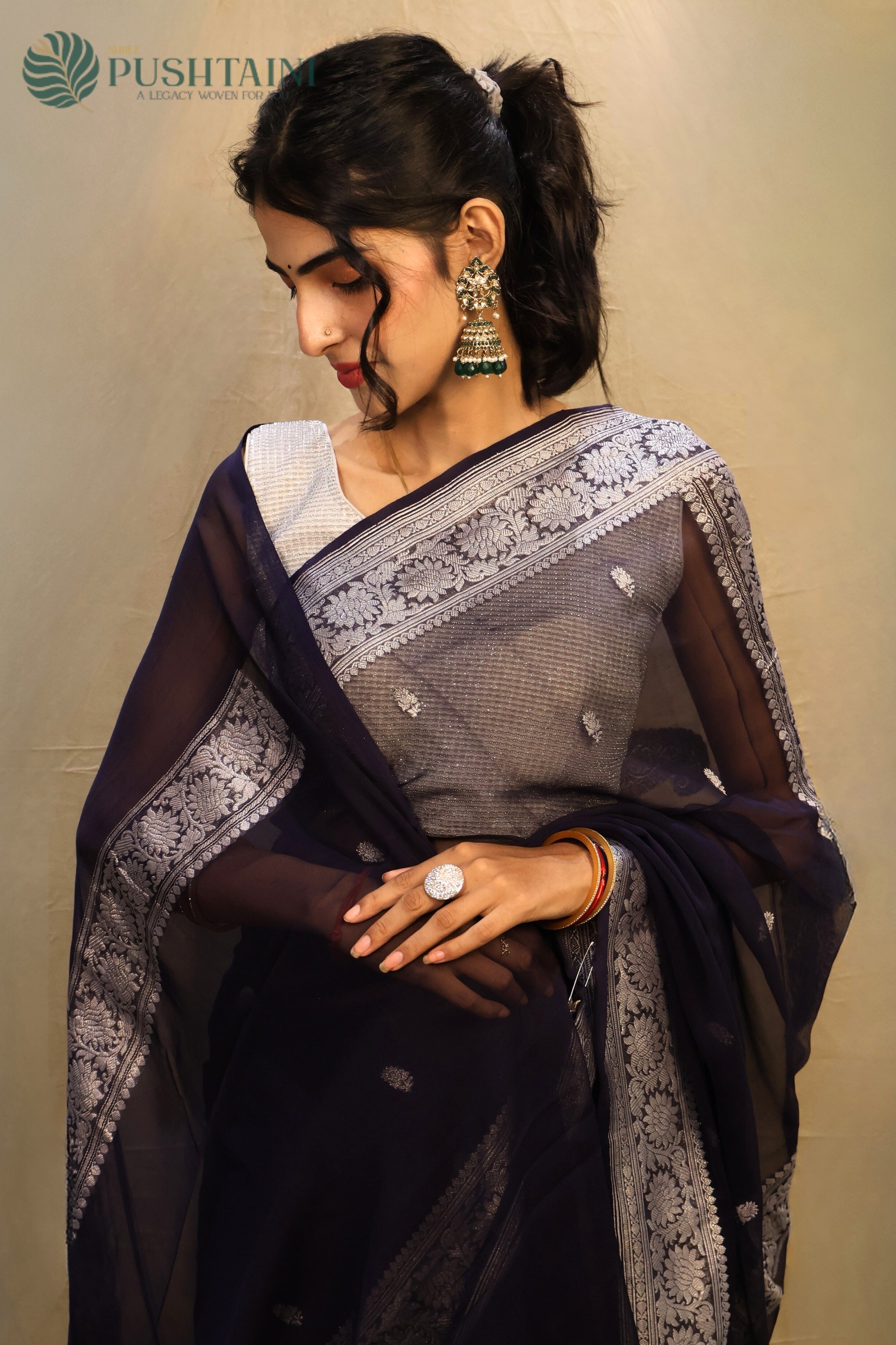 Dark Navy Blue Pure Khaddi Georgette Kaduwa Buti Saree