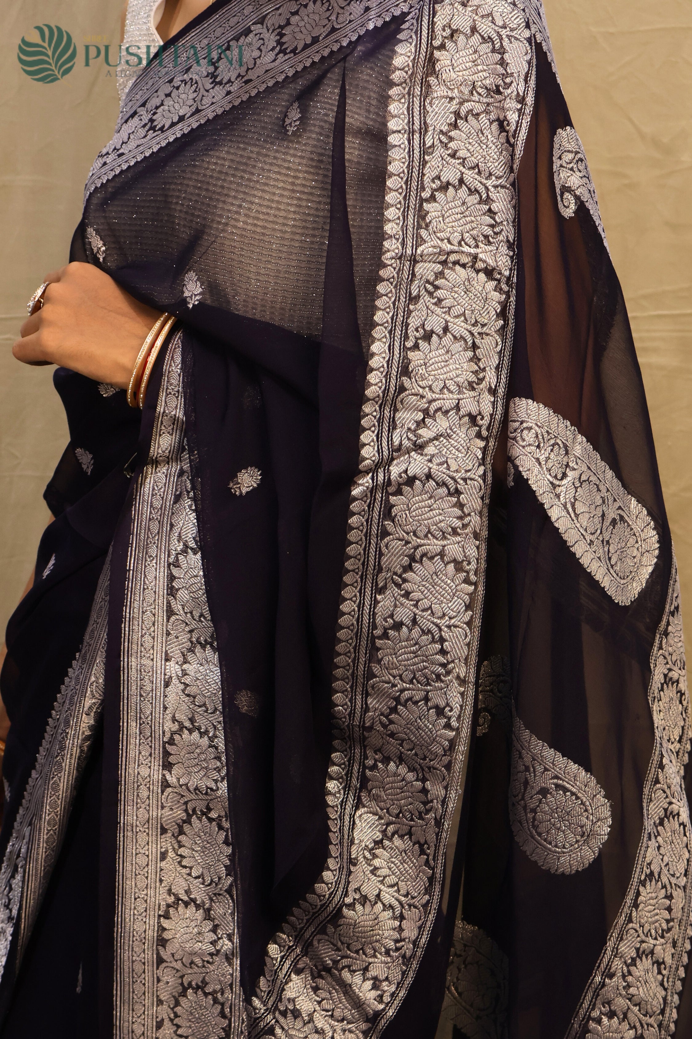 Dark Navy Blue Pure Khaddi Georgette Kaduwa Buti Saree