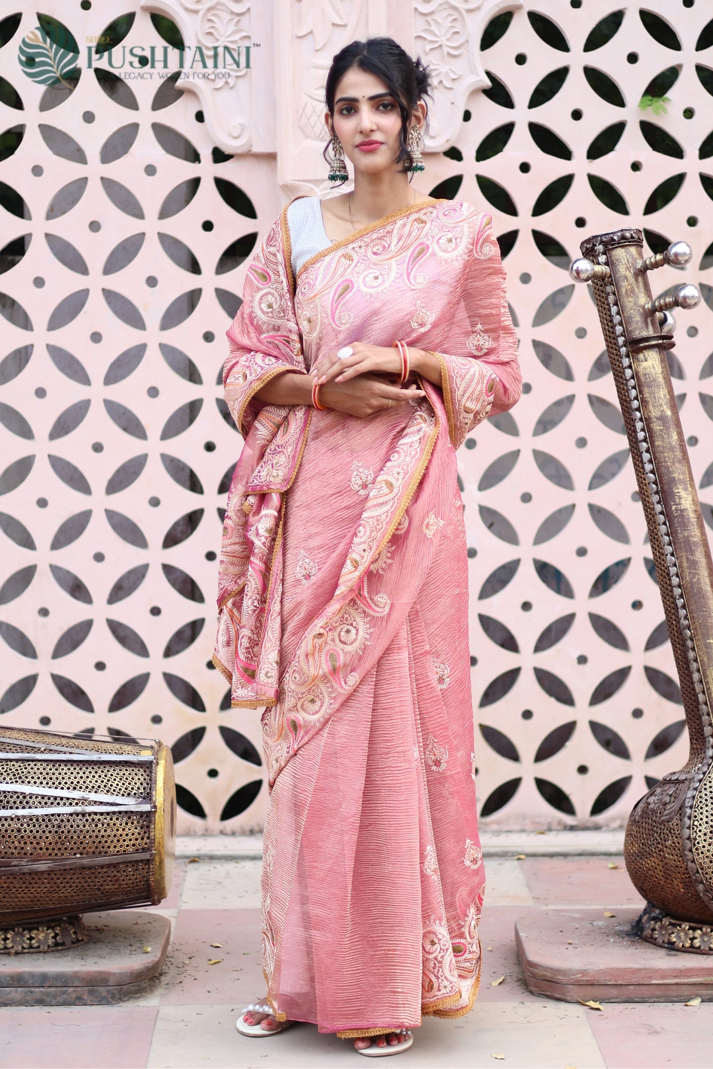 Light Pink Pure Tissue Crepe Silk Saree with Embroidery and Lace Work