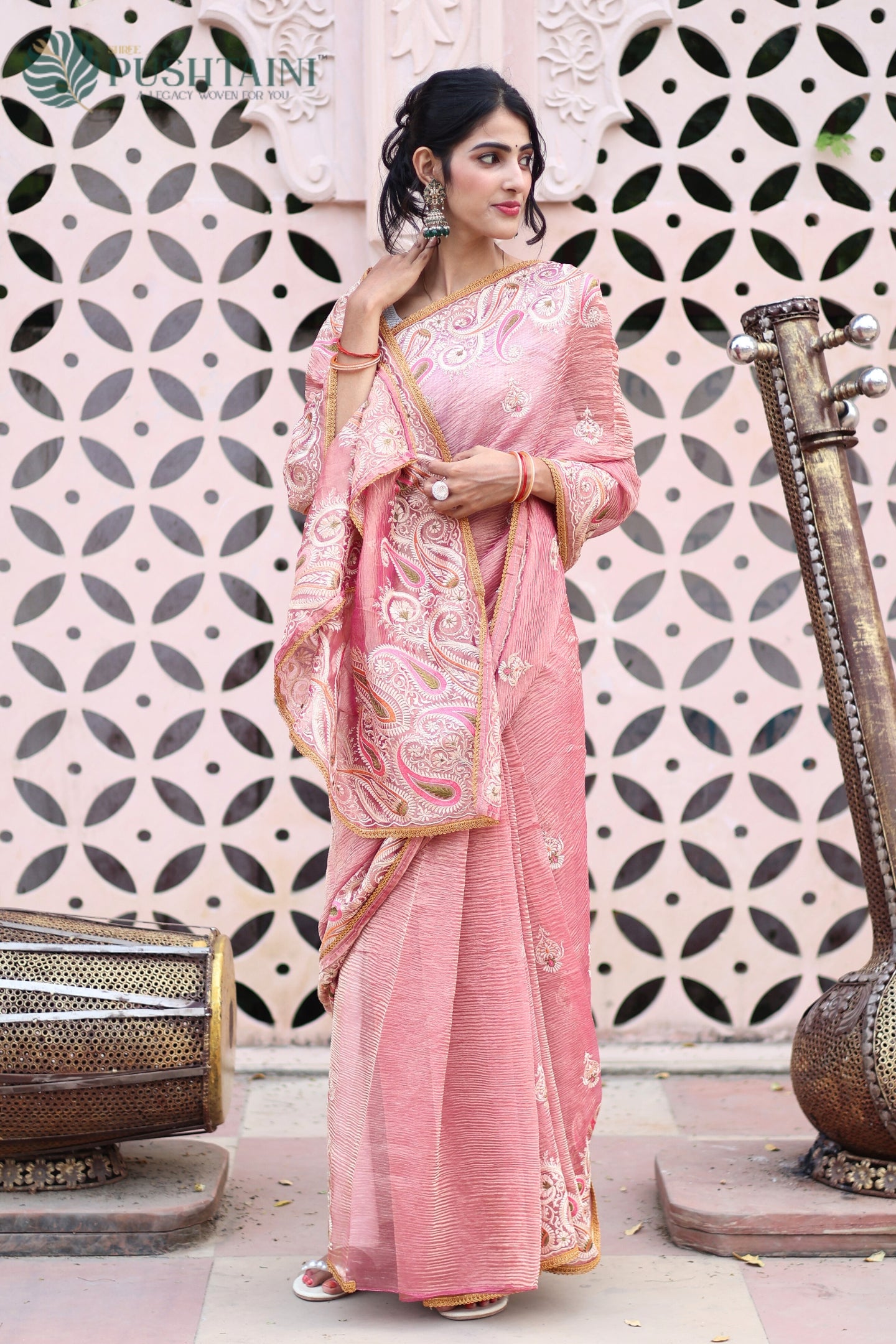 Light Pink Pure Tissue Crepe Silk Saree with Embroidery and Lace Work