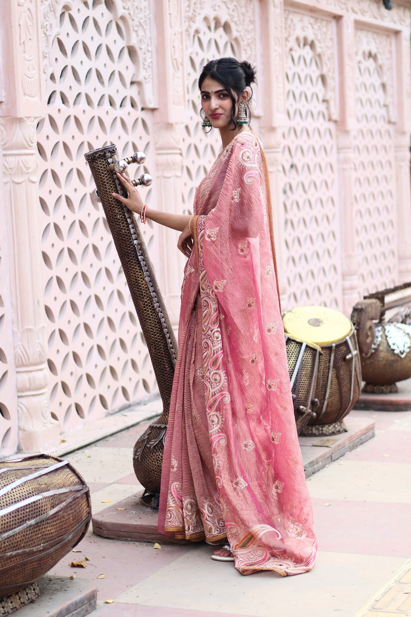 Light Pink Pure Tissue Crepe Silk Saree with Embroidery and Lace Work