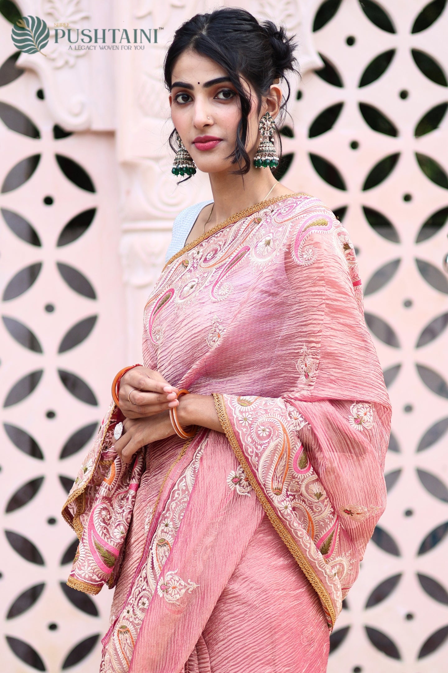 Light Pink Pure Tissue Crepe Silk Saree with Embroidery and Lace Work