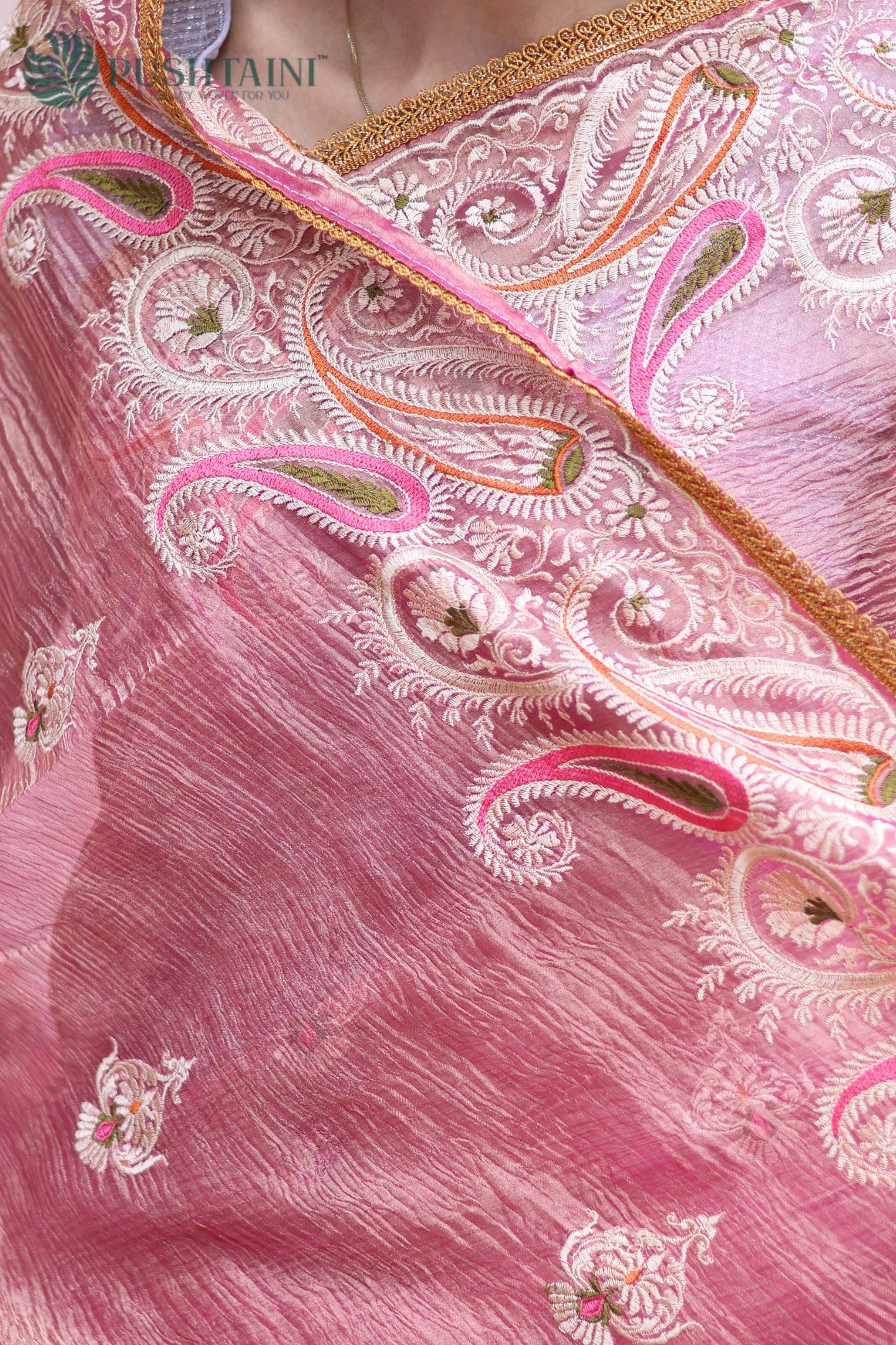 Light Pink Pure Tissue Crepe Silk Saree with Embroidery and Lace Work