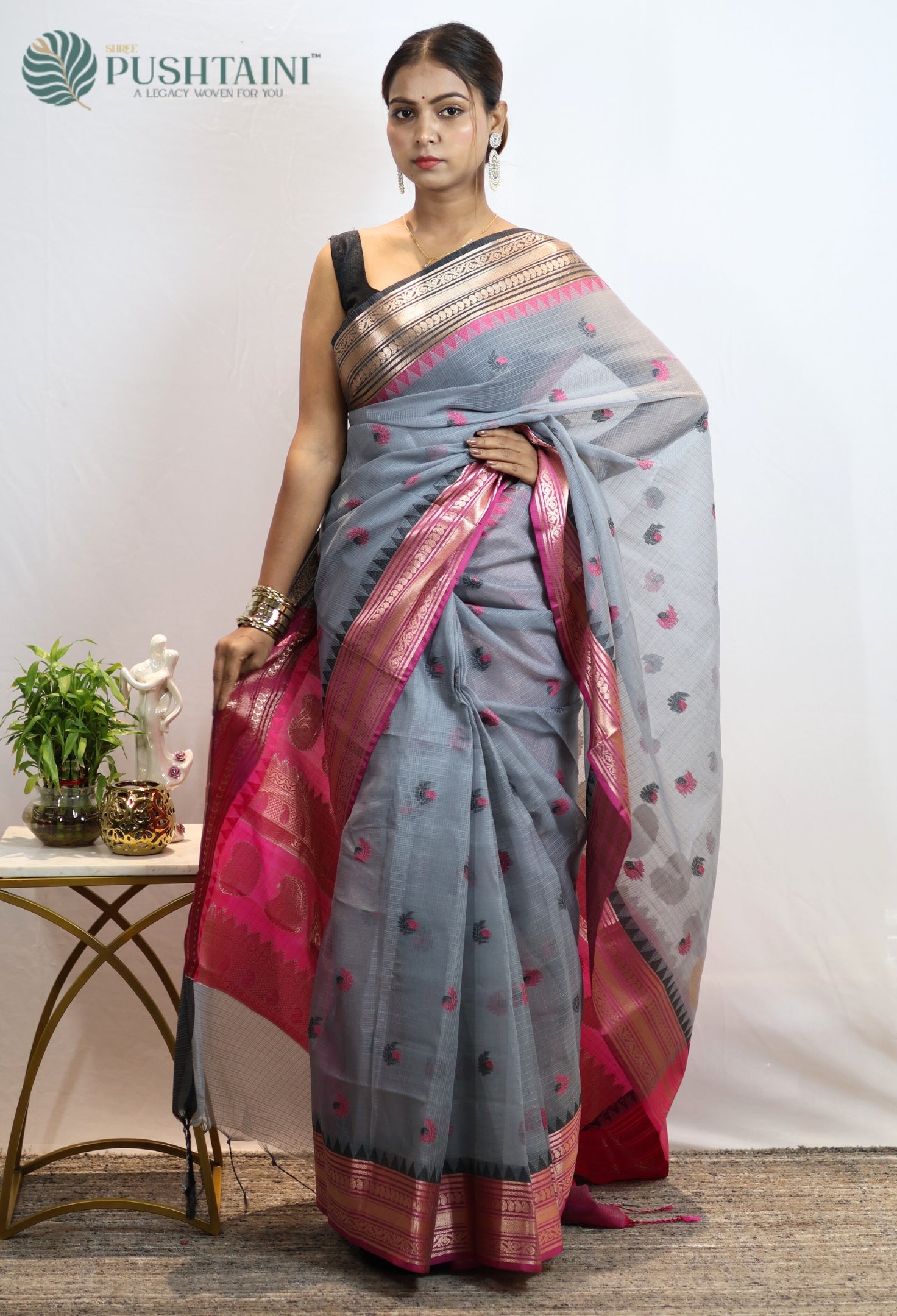 Grey Kota Doria Saree with Anchal Border work