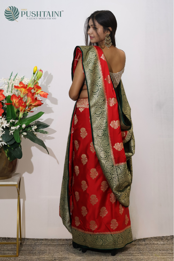 Royal Red Banarasi Mashru Saree with Contrast Border and Pallu