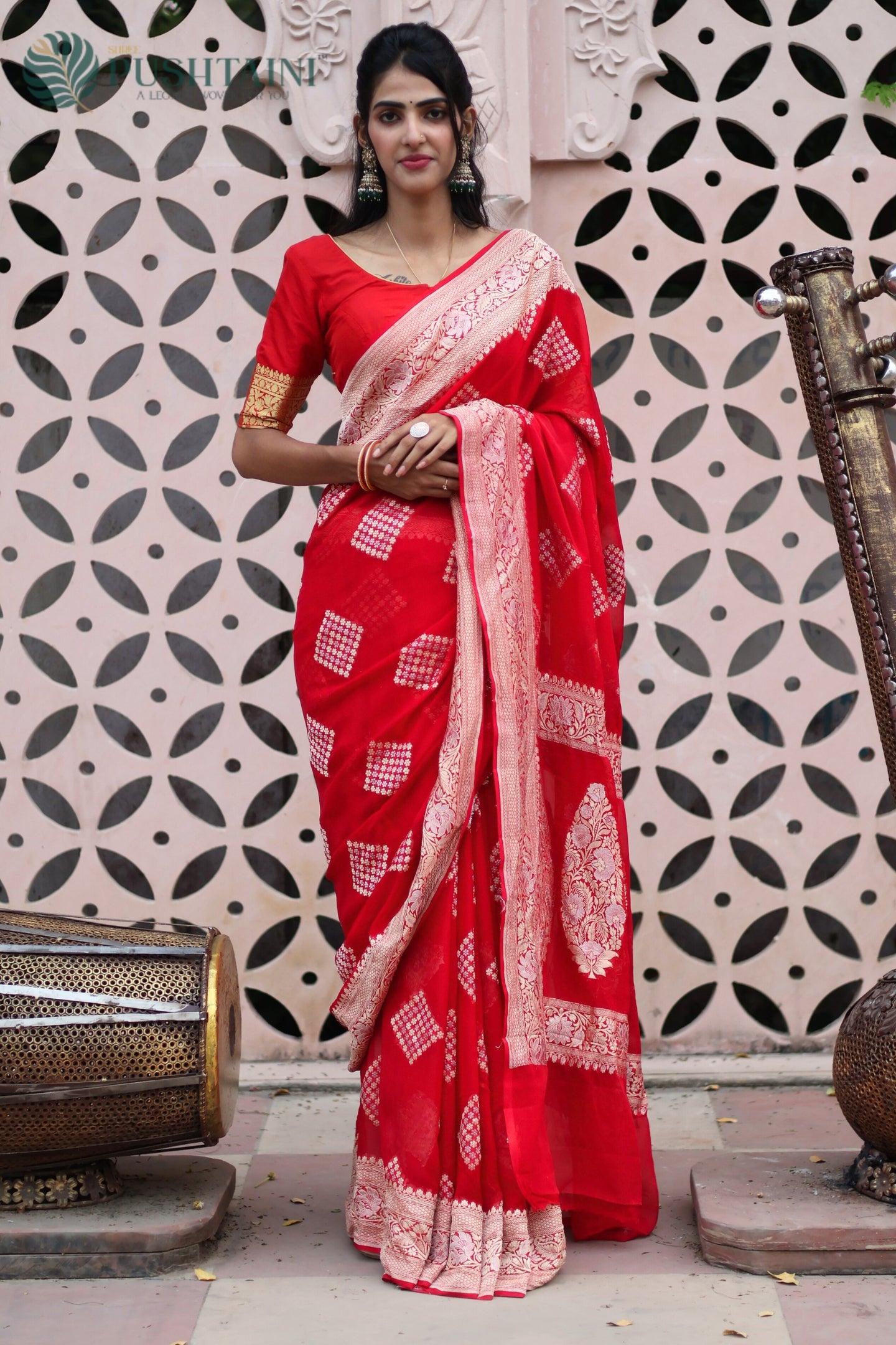 Scarlet Red Pure Khaddi Georgette Banarasi Saree with Rose Gold Zari work
