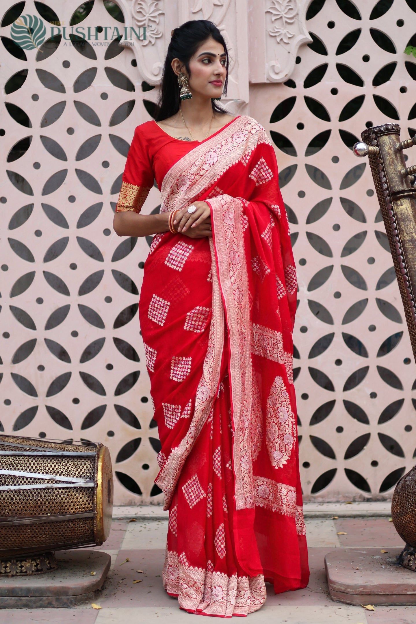 Scarlet Red Pure Khaddi Georgette Banarasi Saree with Rose Gold Zari work