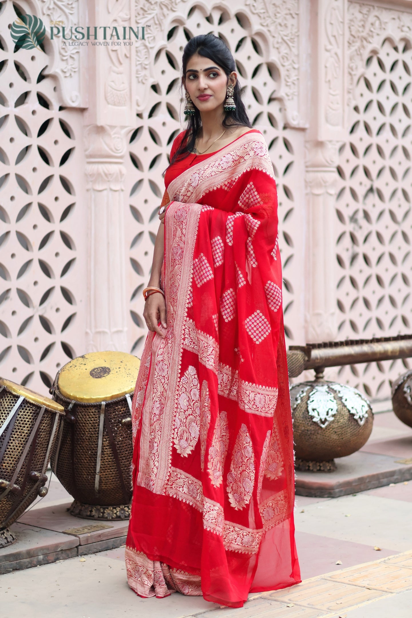 Scarlet Red Pure Khaddi Georgette Banarasi Saree with Rose Gold Zari work