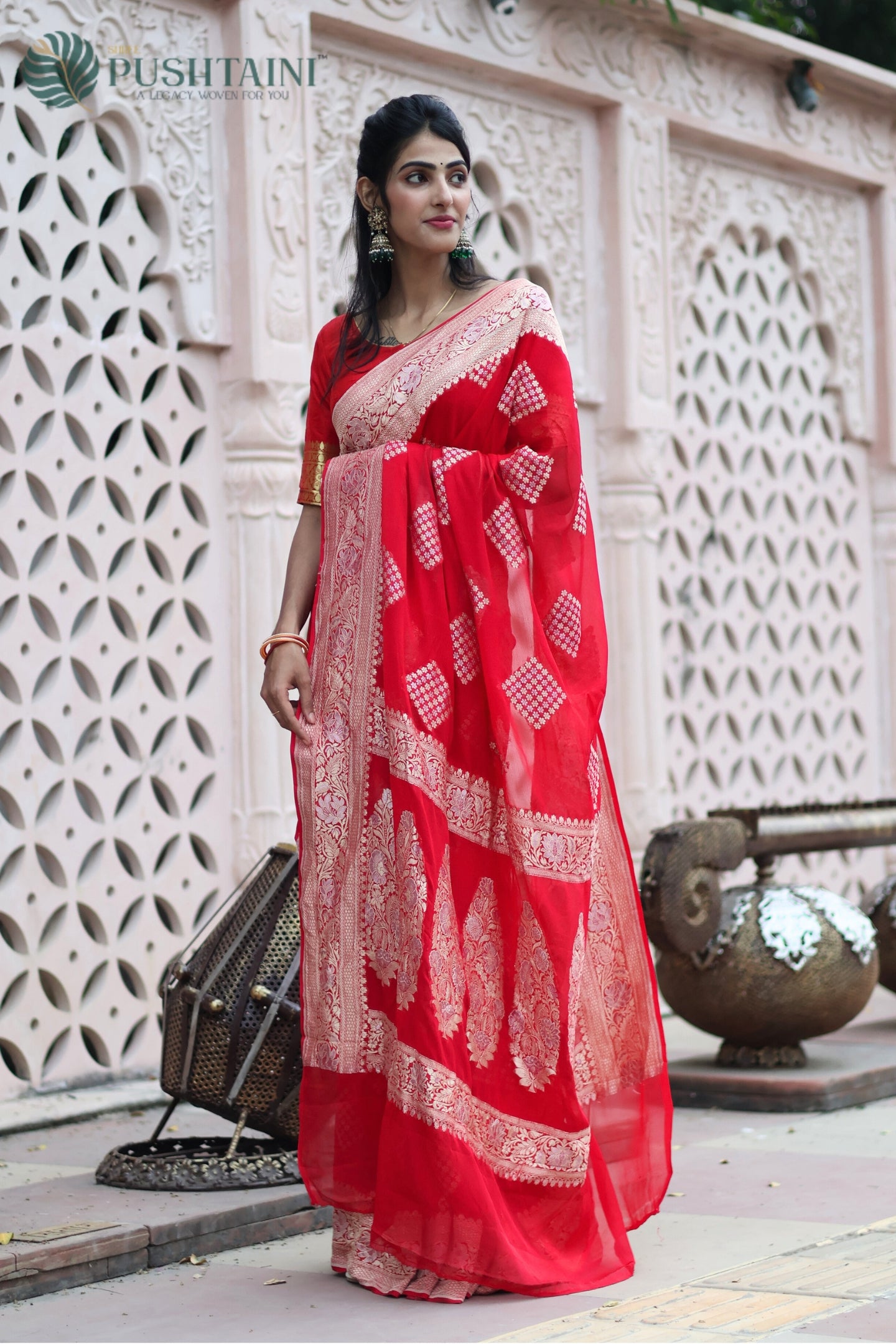 Scarlet Red Pure Khaddi Georgette Banarasi Saree with Rose Gold Zari work