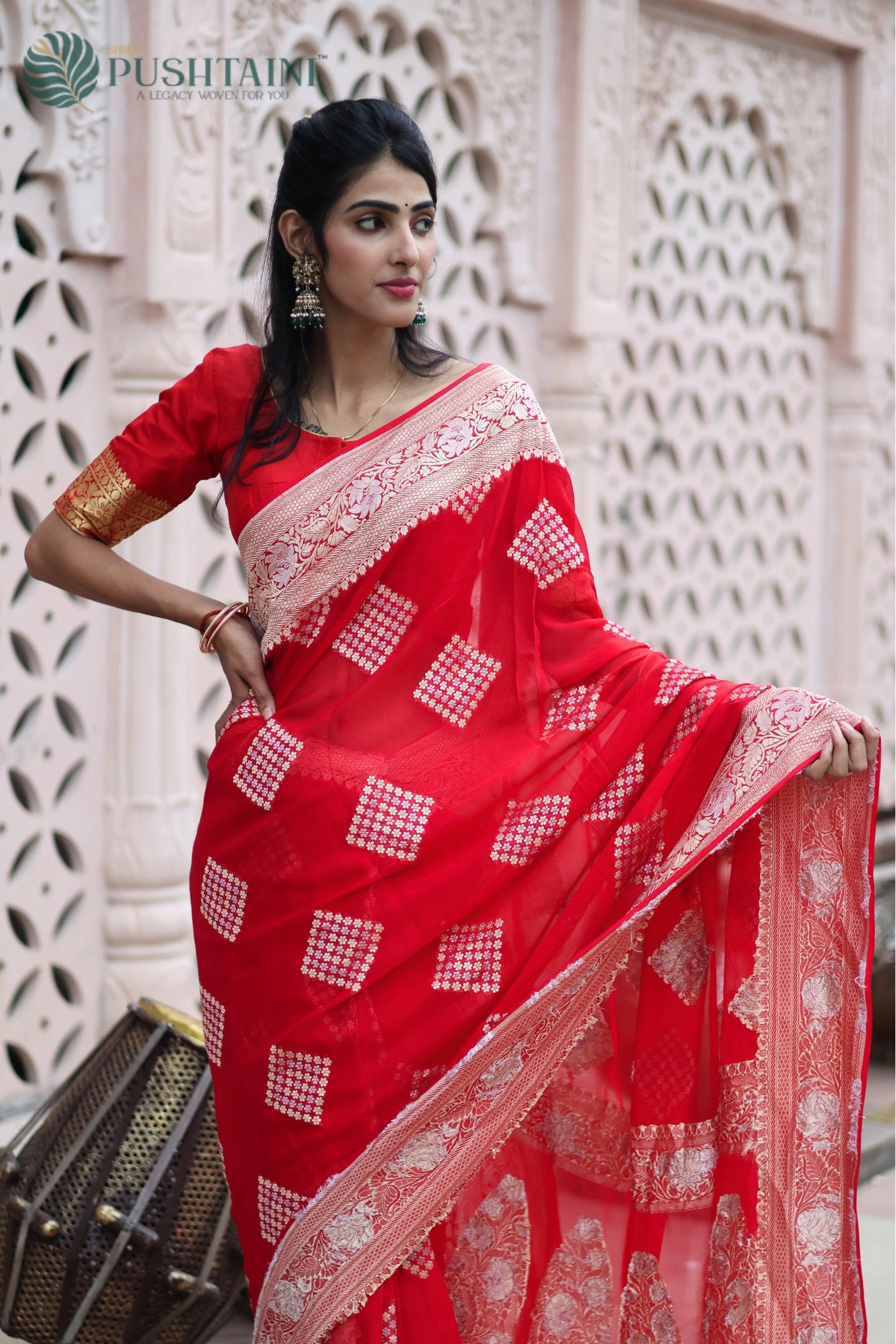 Scarlet Red Pure Khaddi Georgette Banarasi Saree with Rose Gold Zari work
