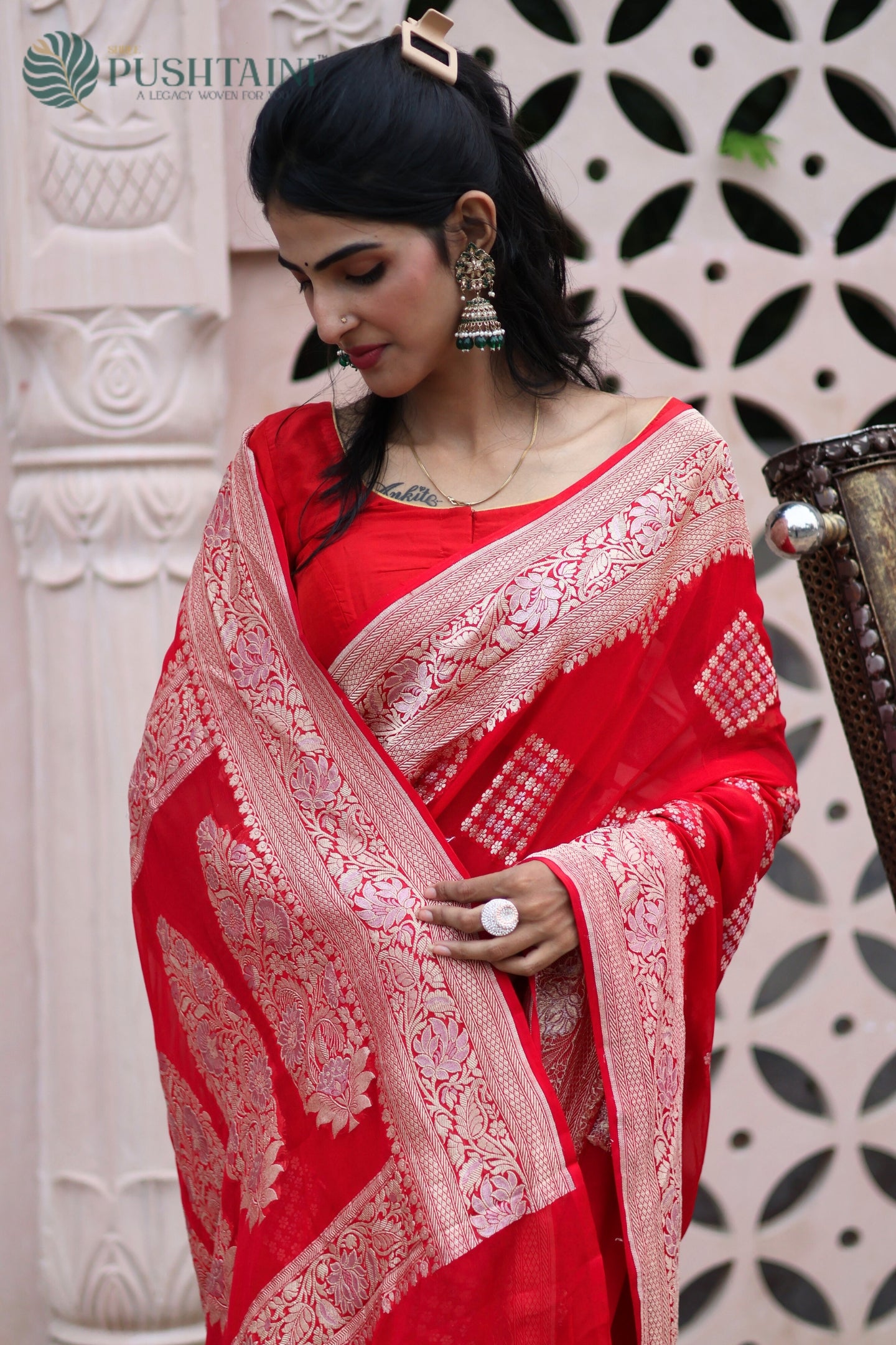 Scarlet Red Pure Khaddi Georgette Banarasi Saree with Rose Gold Zari work