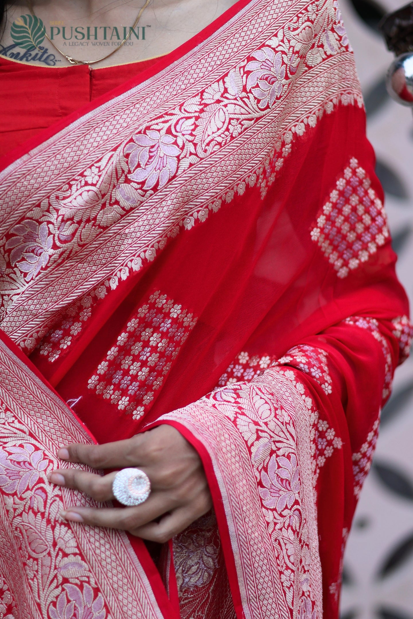 Scarlet Red Pure Khaddi Georgette Banarasi Saree with Rose Gold Zari work