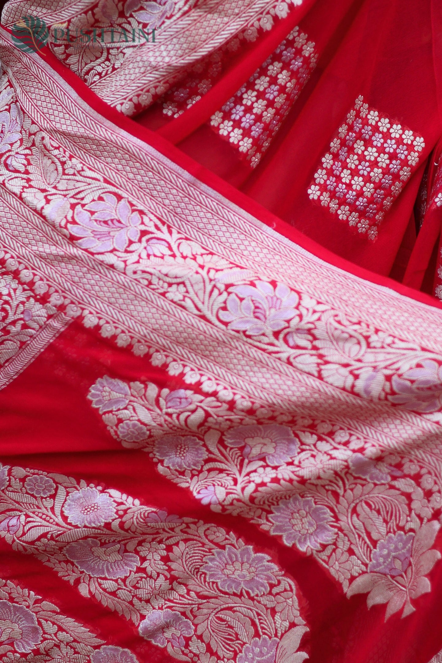 Scarlet Red Pure Khaddi Georgette Banarasi Saree with Rose Gold Zari work