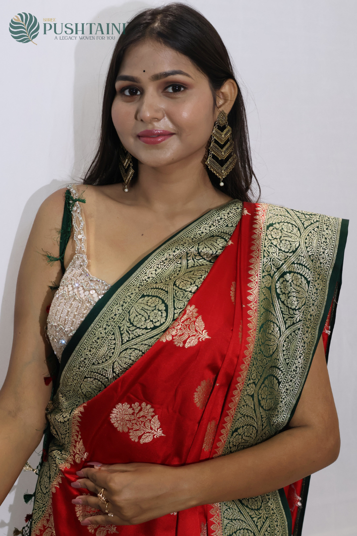 Royal Red Banarasi Mashru Saree with Contrast Border and Pallu