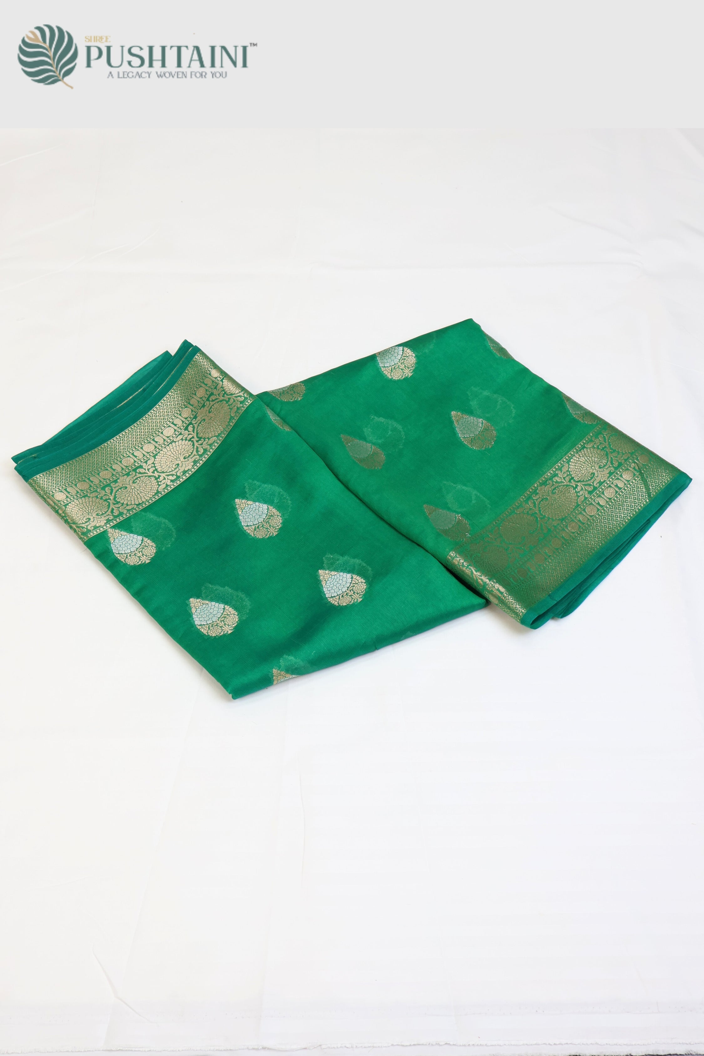 Bottle Green Pure Viscos Georgette Banarasi Saree with Silver Zari Meena Work