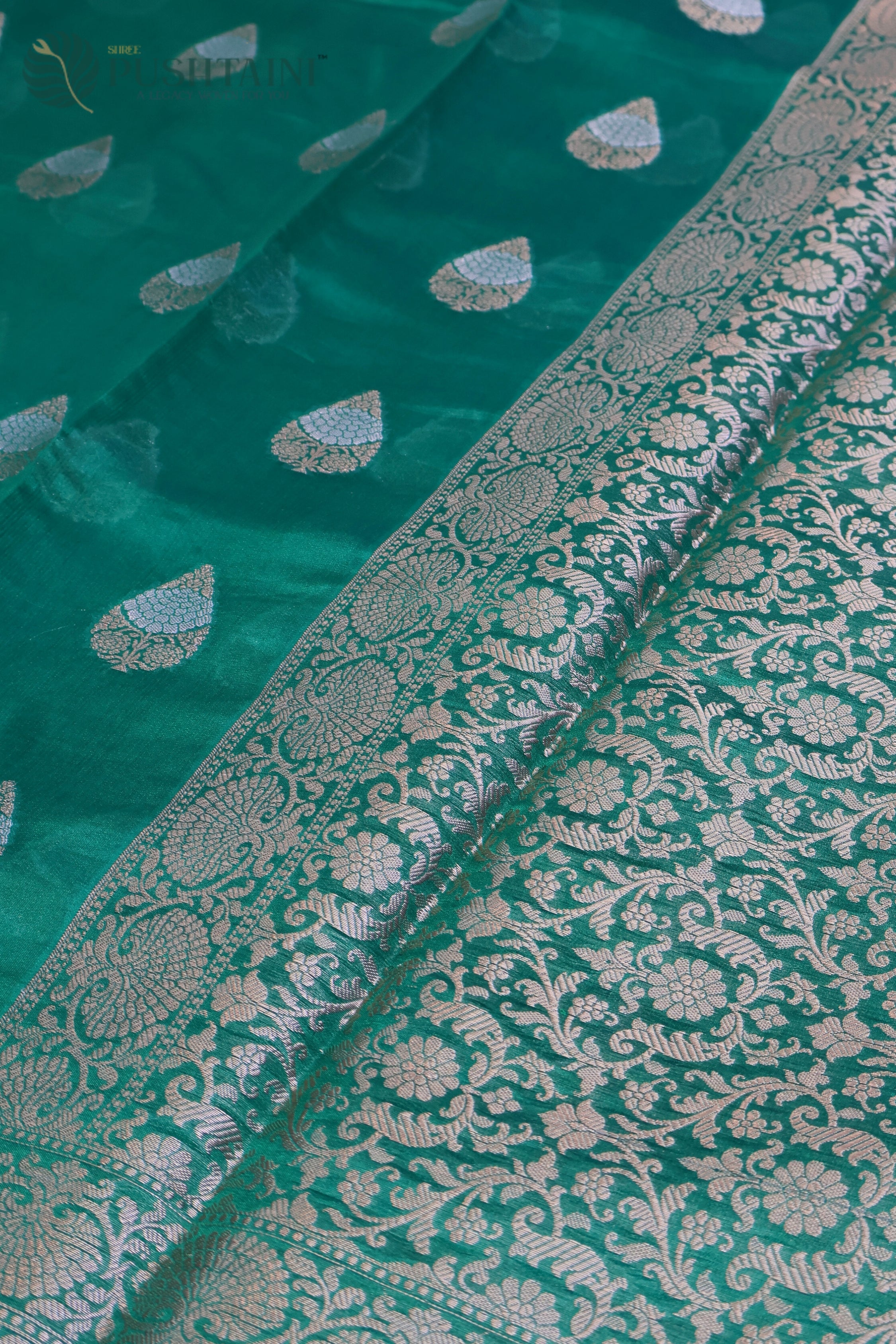 Bottle Green Pure Viscos Georgette Banarasi Saree with Silver Zari Meena Work