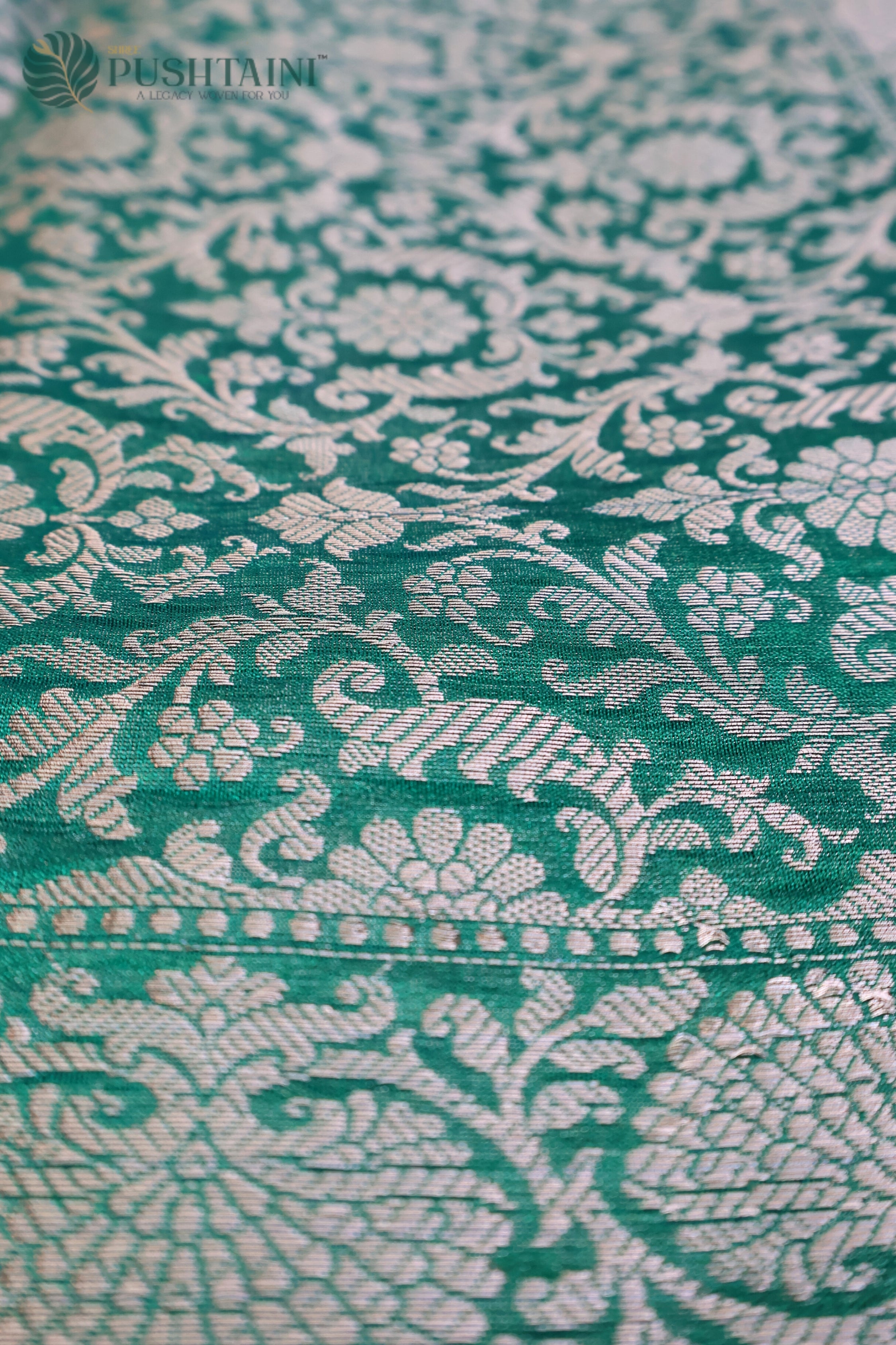 Bottle Green Pure Viscos Georgette Banarasi Saree with Silver Zari Meena Work