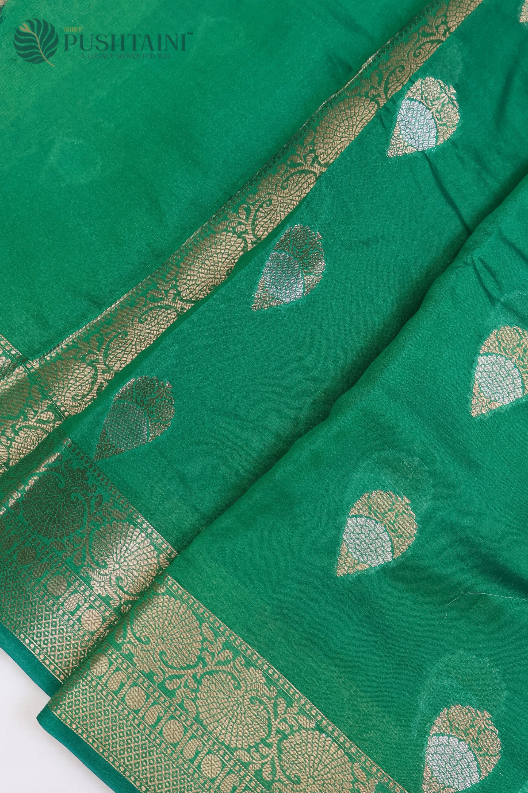 Bottle Green Pure Viscos Georgette Banarasi Saree with Silver Zari Meena Work
