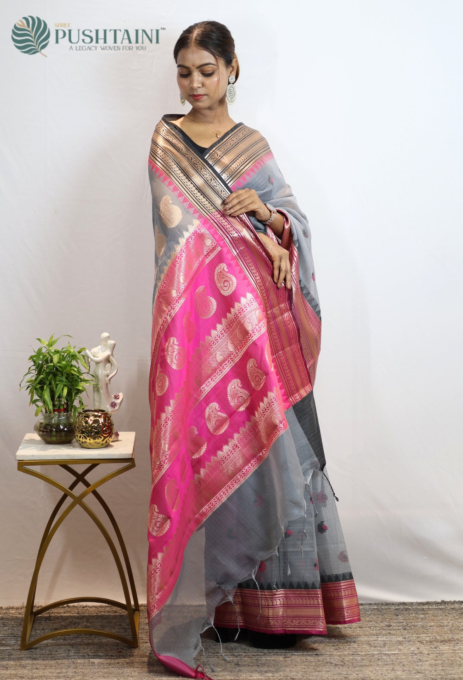 Grey Kota Doria Saree with Anchal Border work